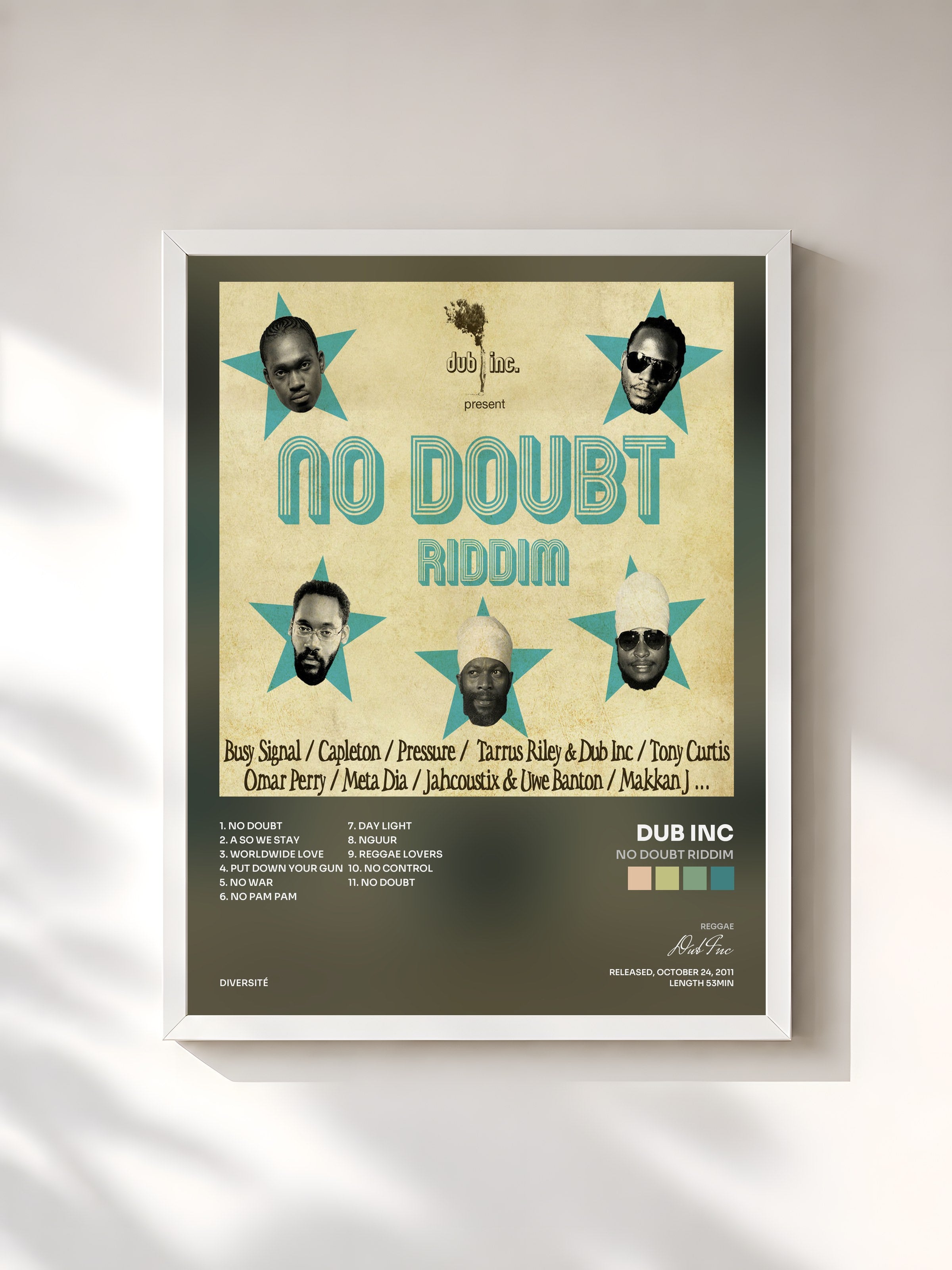 #blanc Tableau de l'album No Doubt Riddim de Dub Inc, cadre blanc, imprimé et encadré en France