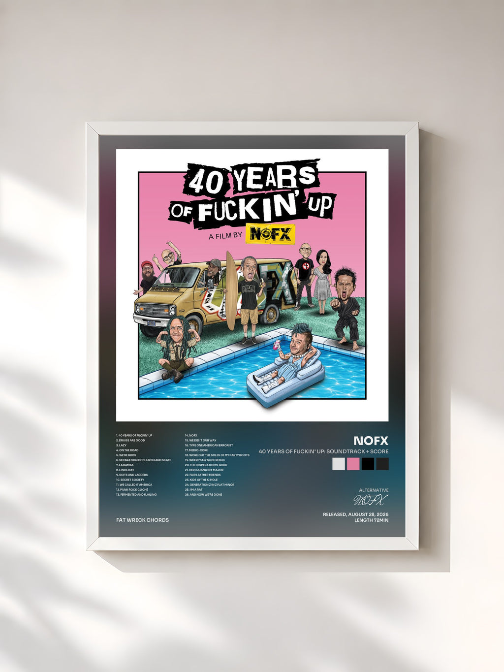 #blanc Tableau de l'album 40 Years Of Fuckin' Up: Soundtrack + Score de NOFX, cadre blanc, imprimé et encadré en France