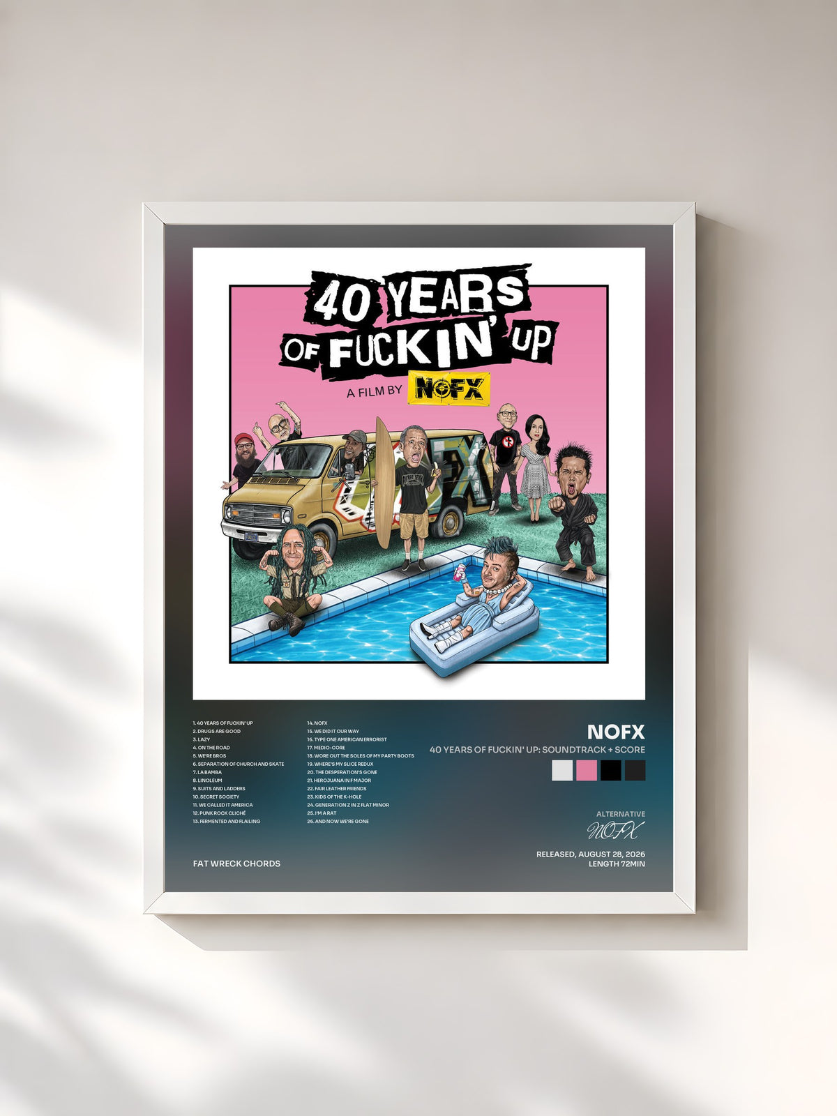 #blanc Tableau de l'album 40 Years Of Fuckin' Up: Soundtrack + Score de NOFX, cadre blanc, imprimé et encadré en France