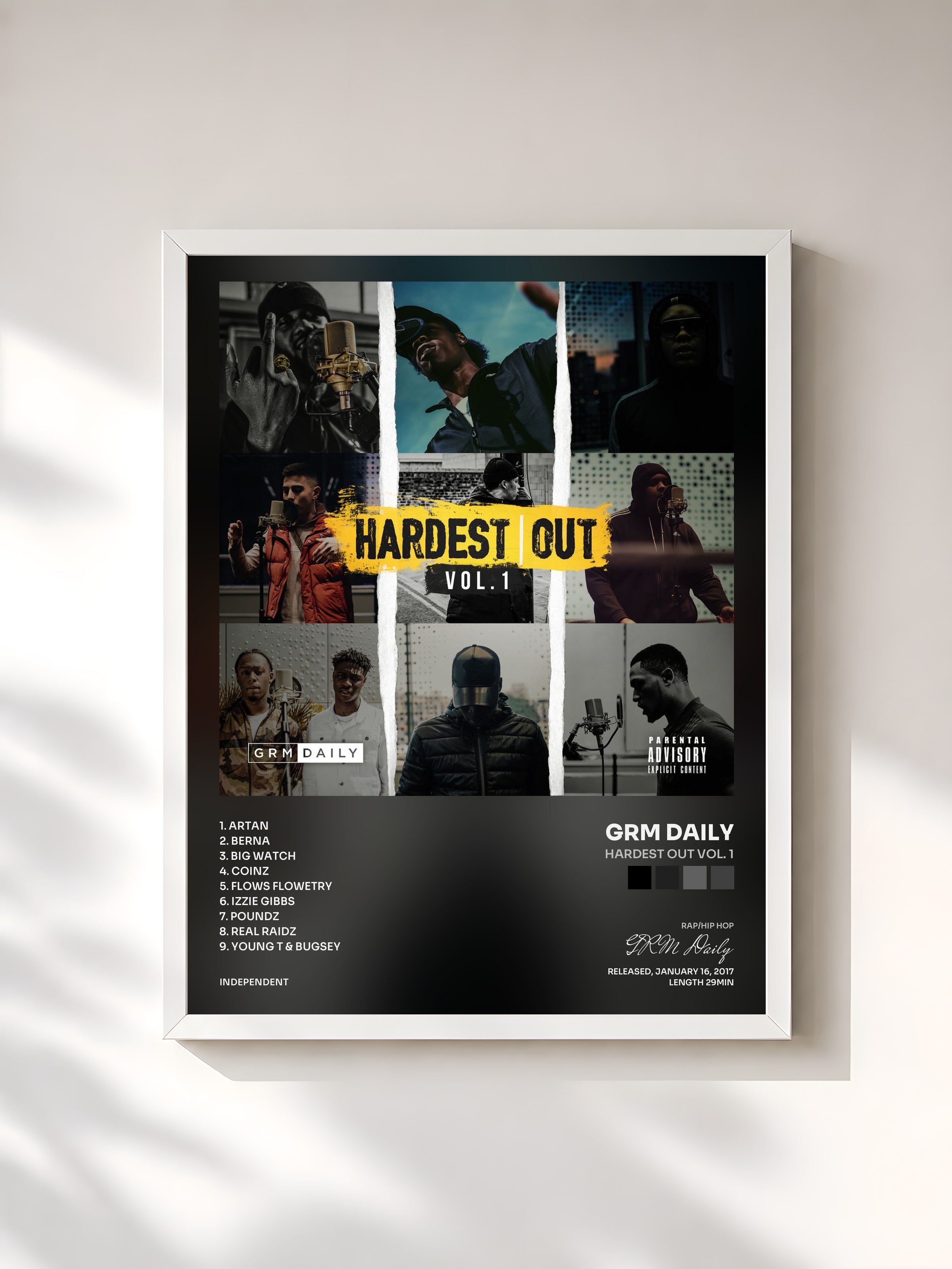 #blanc Tableau de l'album Hardest Out Vol. 1 de GRM Daily, cadre blanc, imprimé et encadré en France
