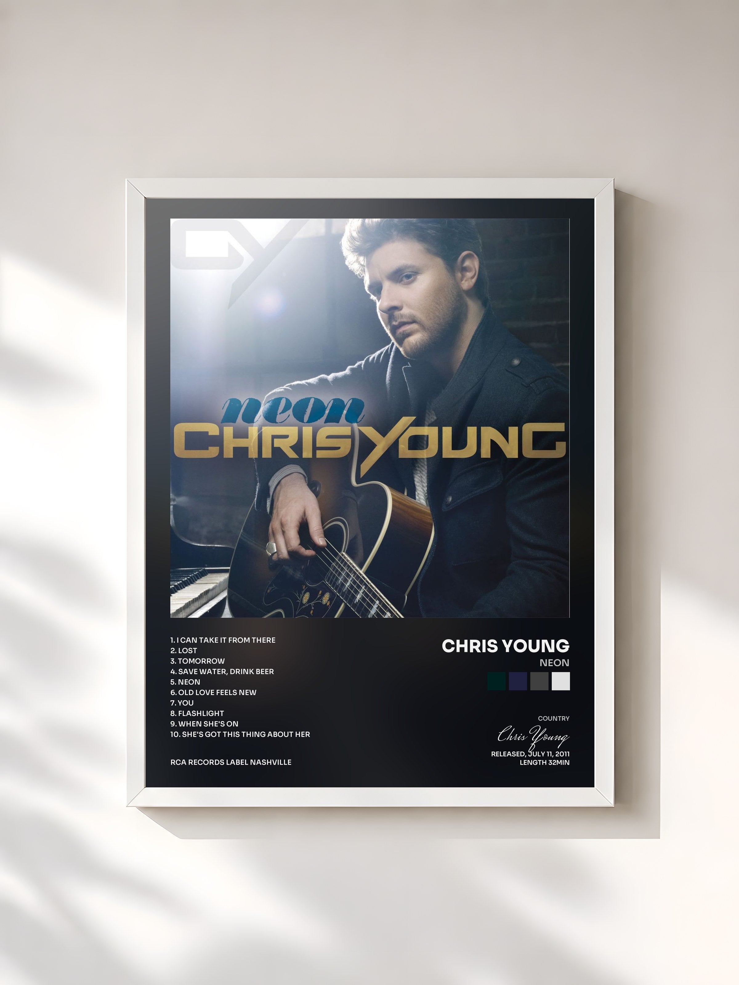 #blanc Tableau de l'album Neon de Chris Young, cadre blanc, imprimé et encadré en France