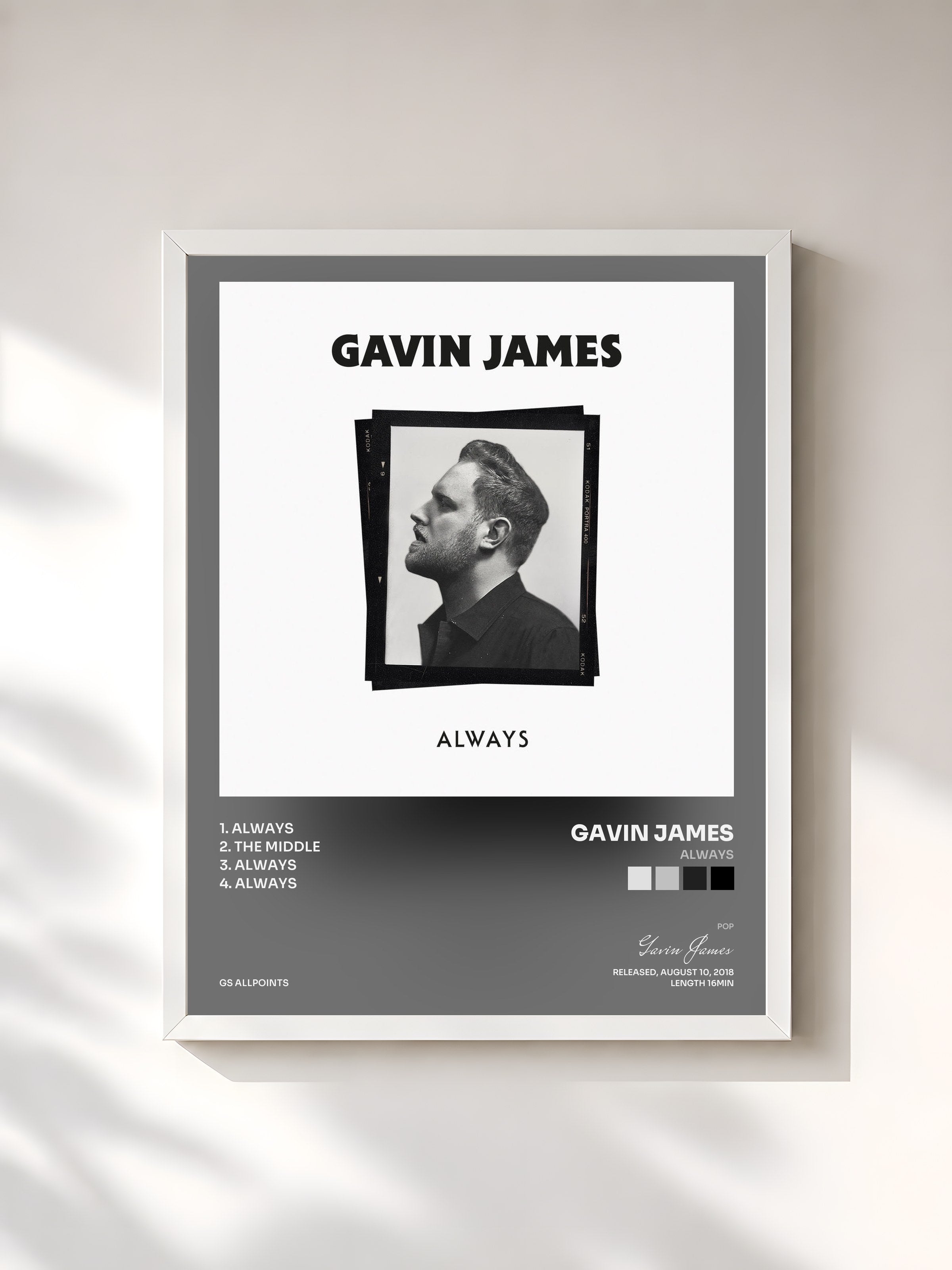 #blanc Tableau de l'album Always de Gavin James, cadre blanc, imprimé et encadré en France