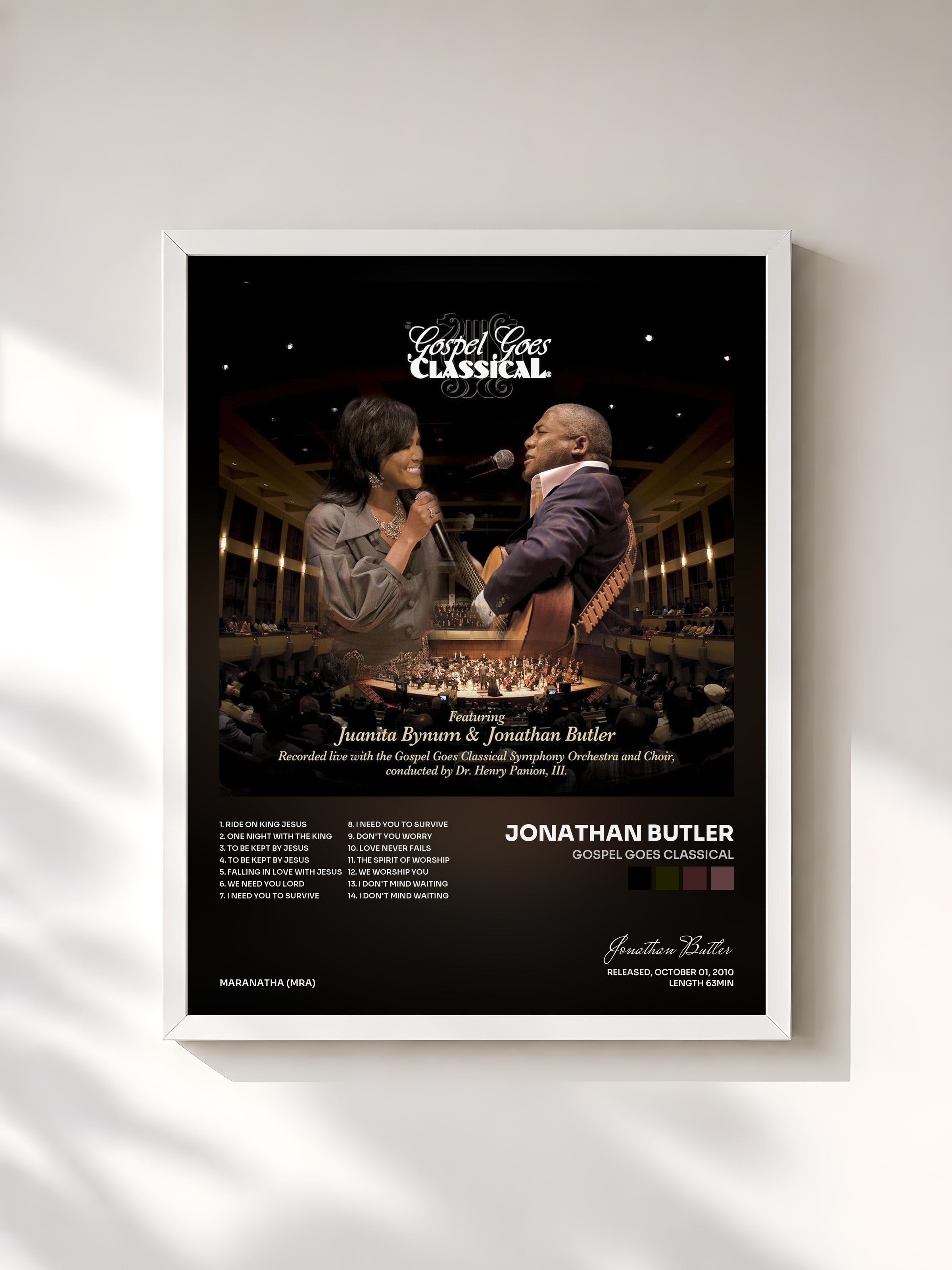#blanc Tableau de l'album Gospel Goes Classical de Jonathan Butler, cadre blanc, imprimé et encadré en France