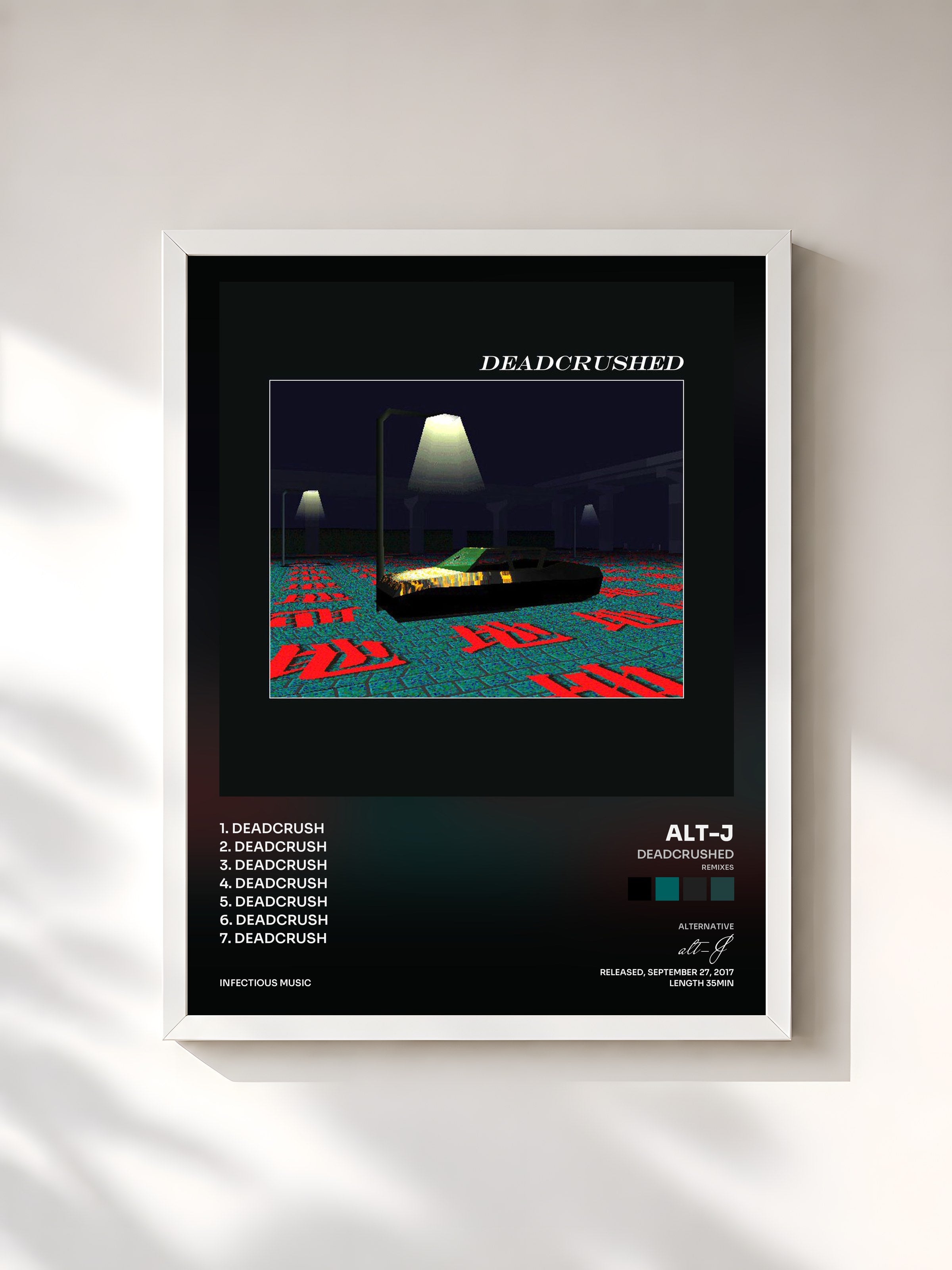 #blanc Tableau de l'album Deadcrushed (Remixes) de alt-J, cadre blanc, imprimé et encadré en France