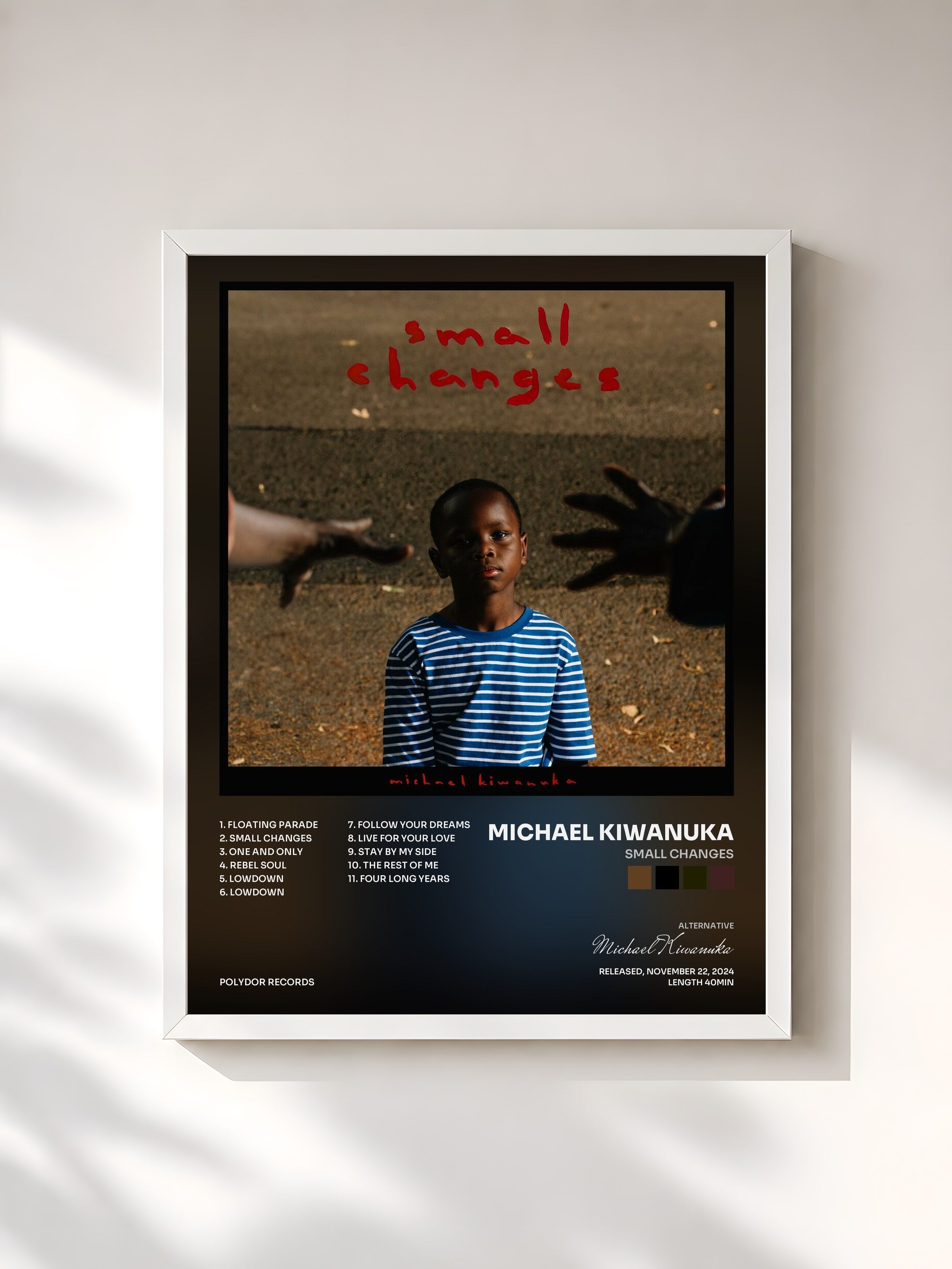 #blanc Tableau de l'album Small Changes de Michael Kiwanuka, cadre blanc, imprimé et encadré en France