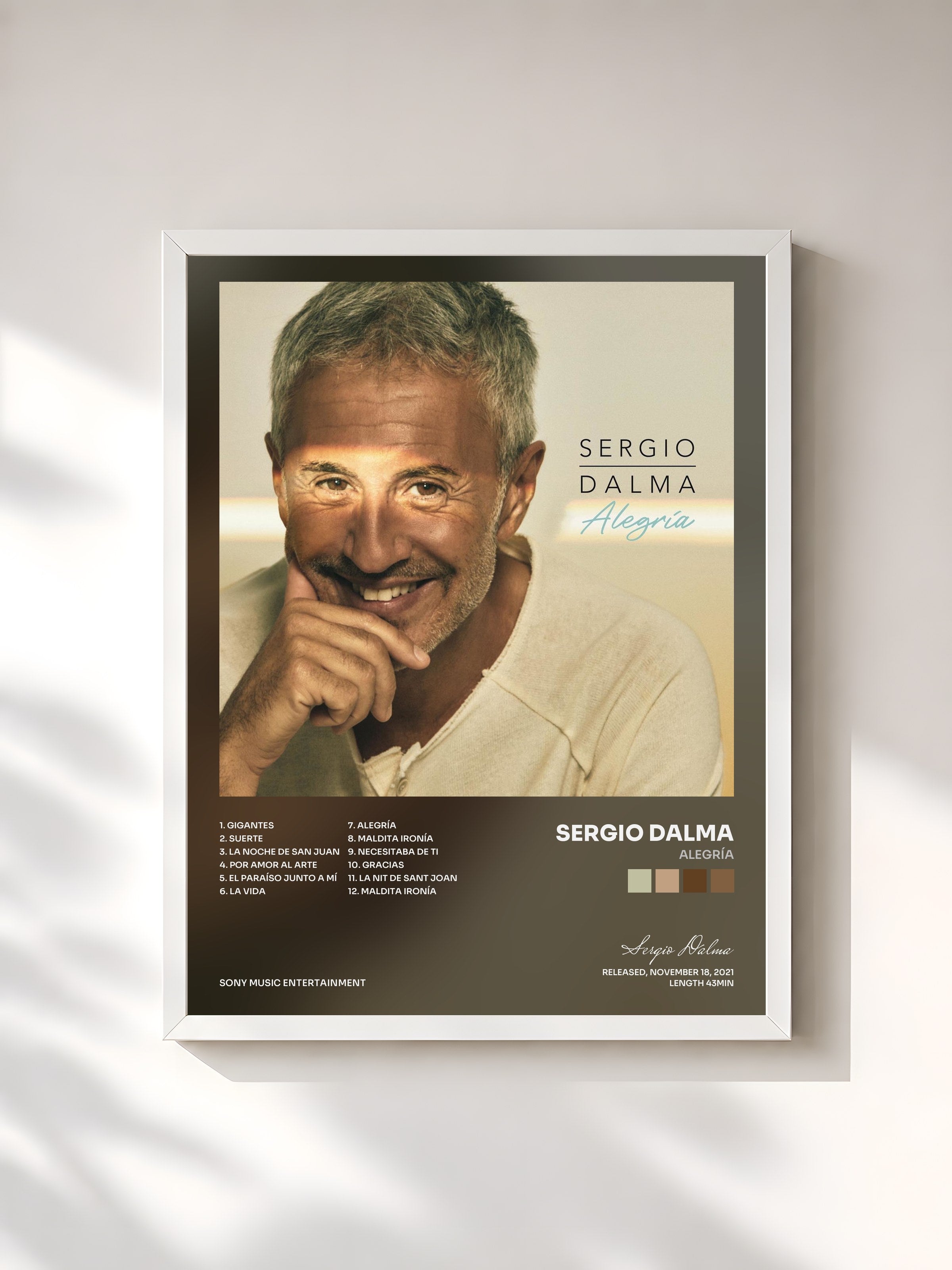 #blanc Tableau de l'album Alegría de Sergio Dalma, cadre blanc, imprimé et encadré en France