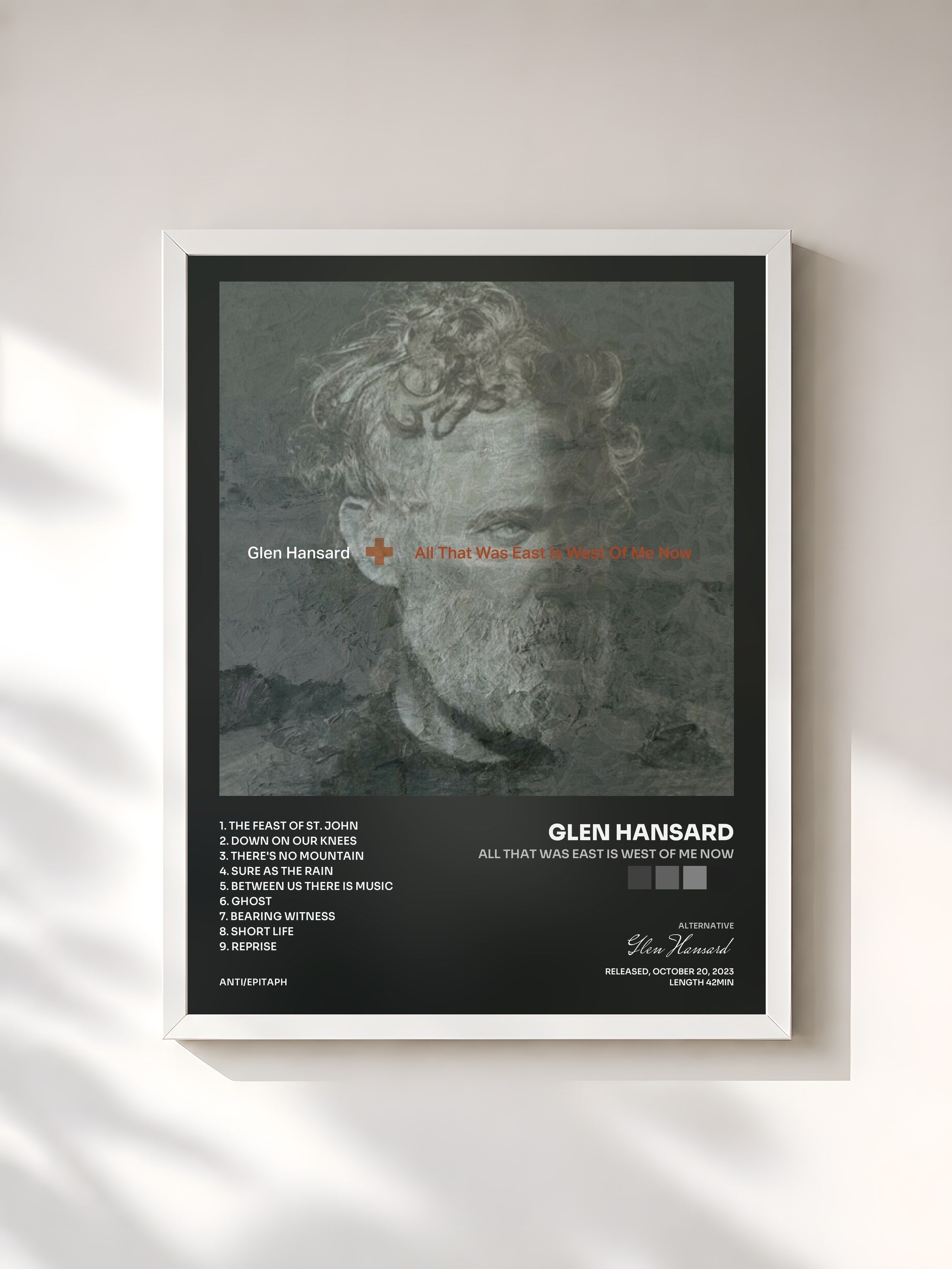 #blanc Tableau de l'album All That Was East Is West Of Me Now de Glen Hansard, cadre blanc, imprimé et encadré en France