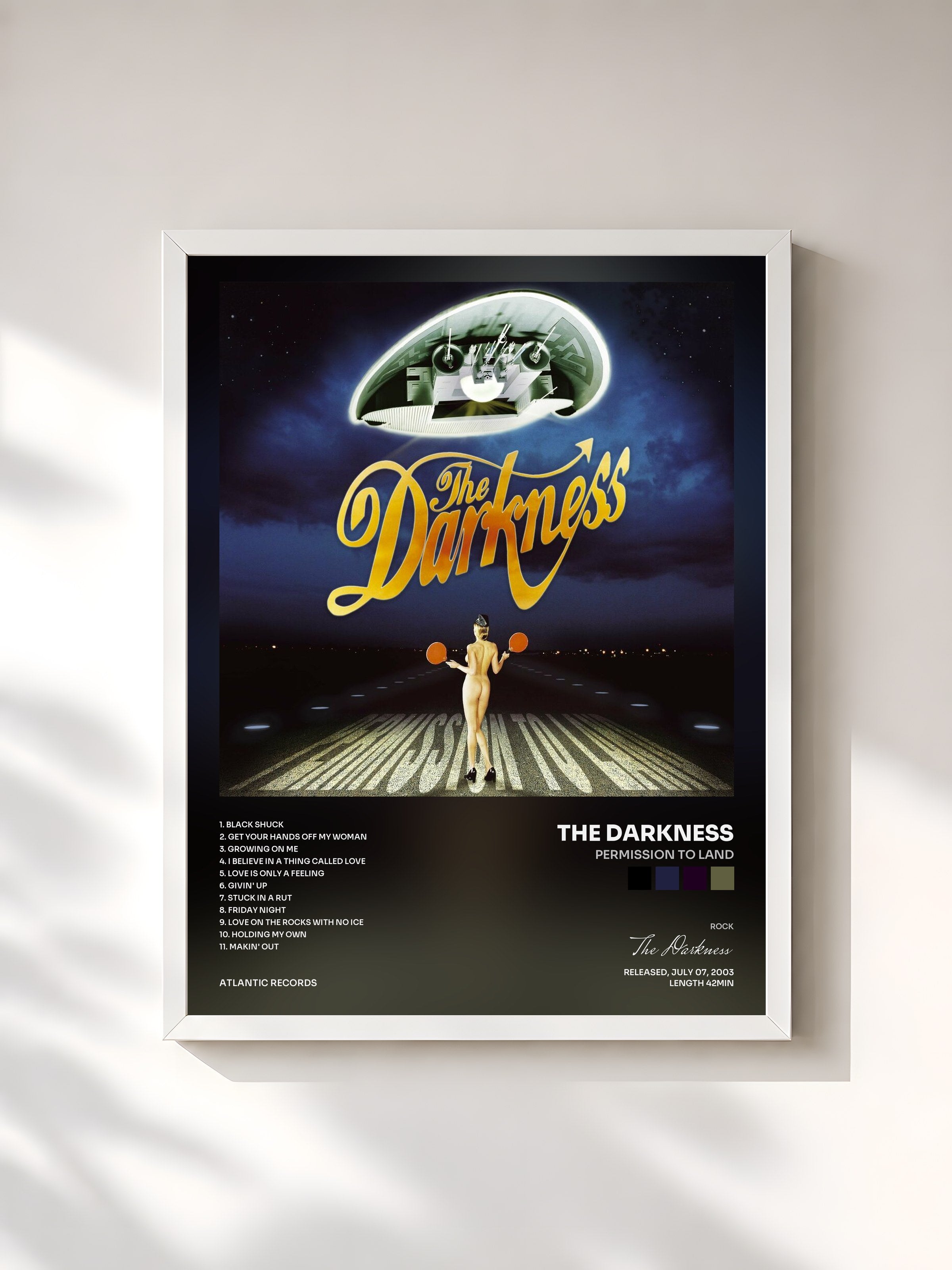 #blanc Tableau de l'album Permission to Land de The Darkness, cadre blanc, imprimé et encadré en France