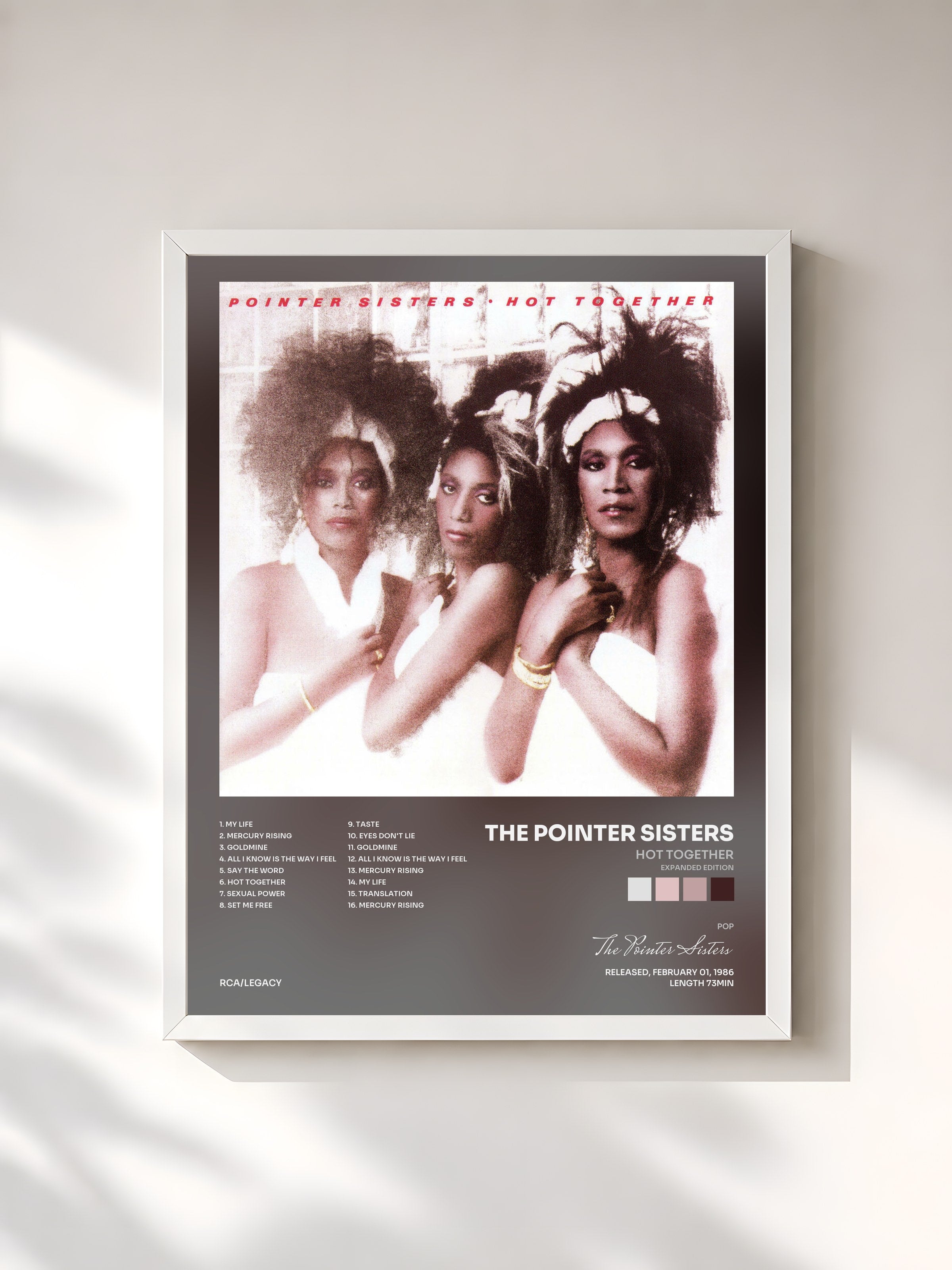 #blanc Tableau de l'album Hot Together (Expanded Edition) de The Pointer Sisters, cadre blanc, imprimé et encadré en France