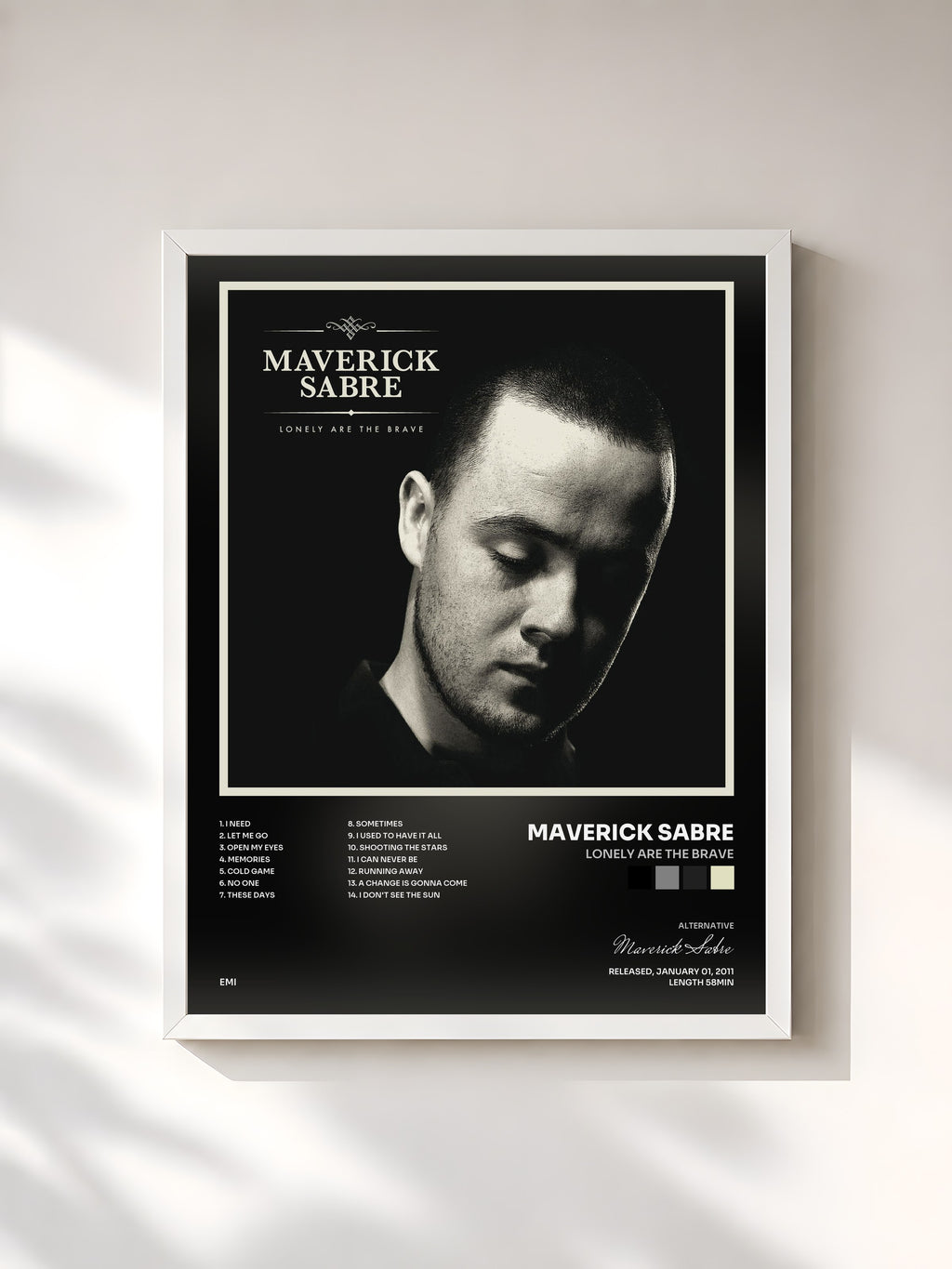 #blanc Tableau de l'album Lonely Are The Brave de Maverick Sabre, cadre blanc, imprimé et encadré en France