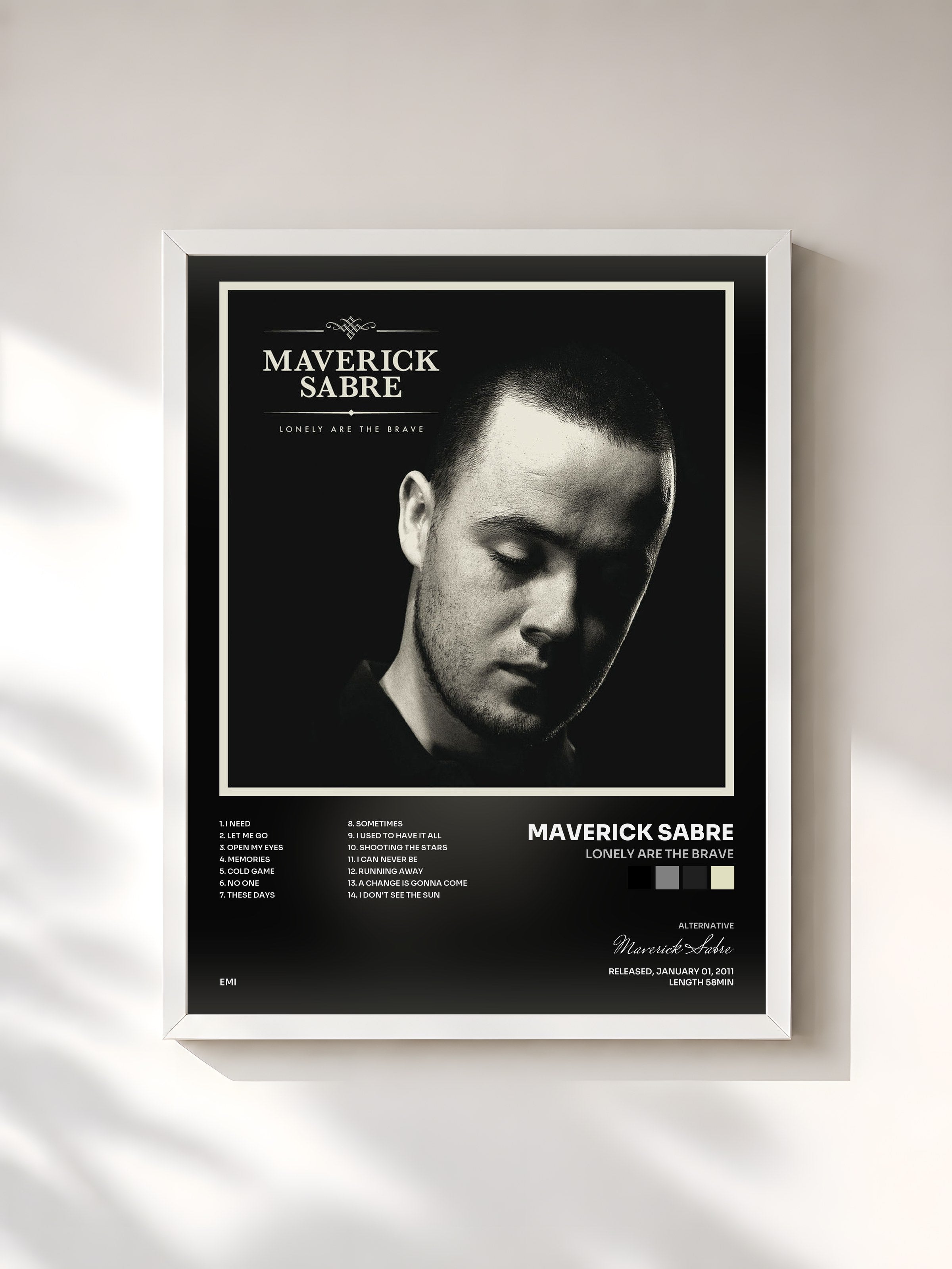 #blanc Tableau de l'album Lonely Are The Brave de Maverick Sabre, cadre blanc, imprimé et encadré en France