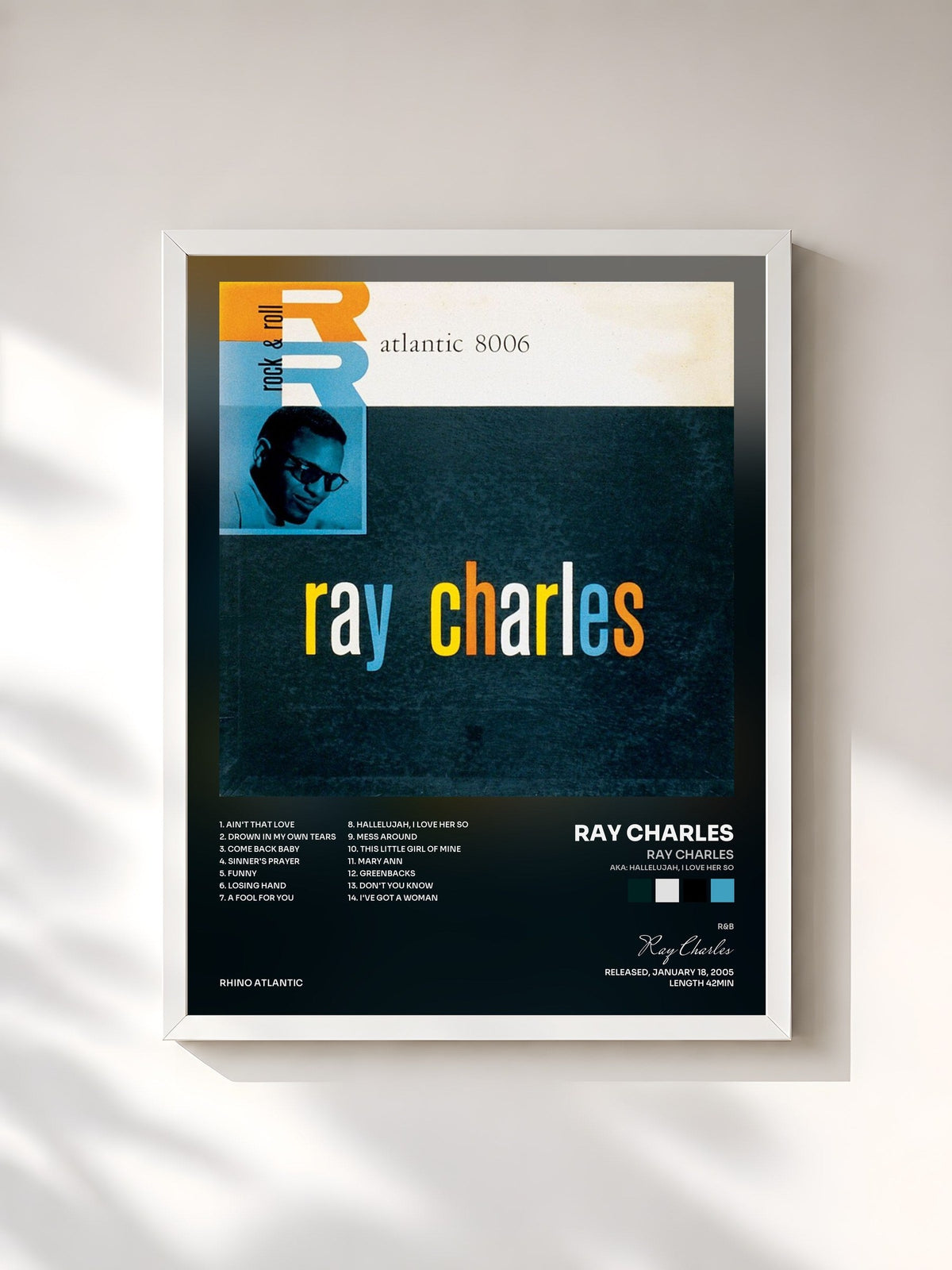 #blanc Tableau de l'album Ray Charles (aka: Hallelujah, I Love Her So) de Ray Charles, cadre blanc, imprimé et encadré en France