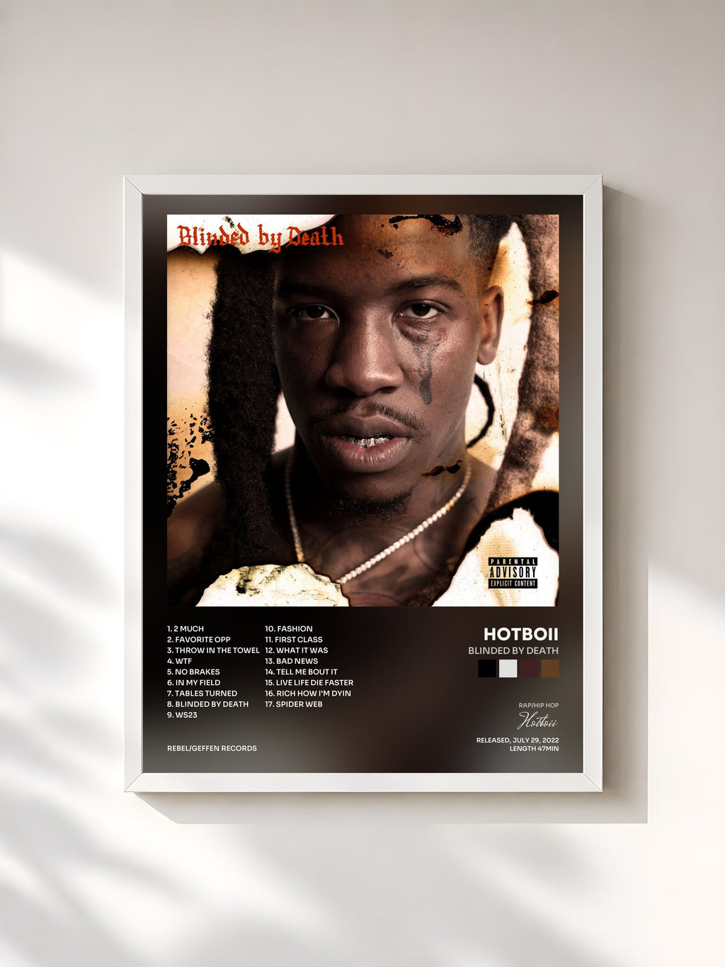 #blanc Tableau de l'album Blinded By Death de Hotboii, cadre blanc, imprimé et encadré en France