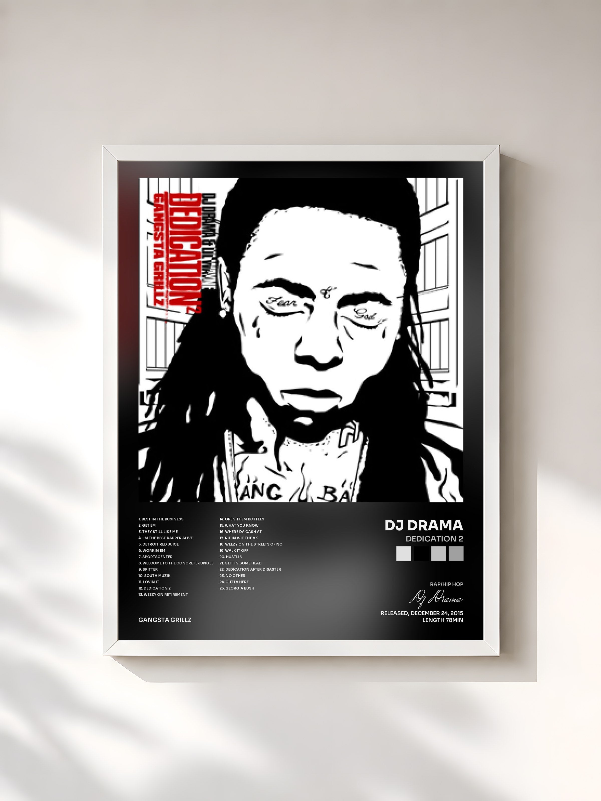 #blanc Tableau de l'album Dedication 2 de Dj Drama, cadre blanc, imprimé et encadré en France