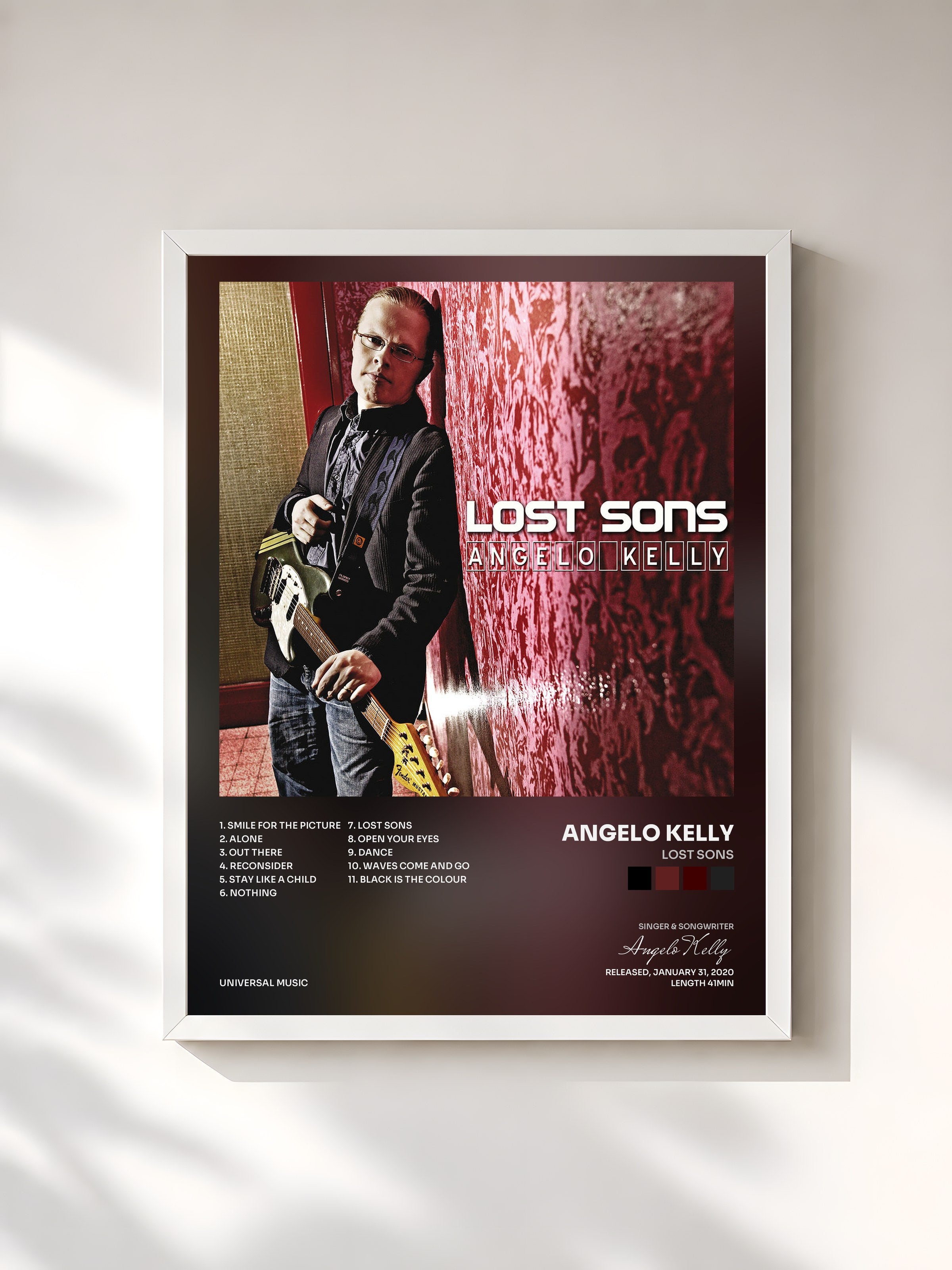 #blanc Tableau de l'album Lost Sons de Angelo Kelly, cadre blanc, imprimé et encadré en France