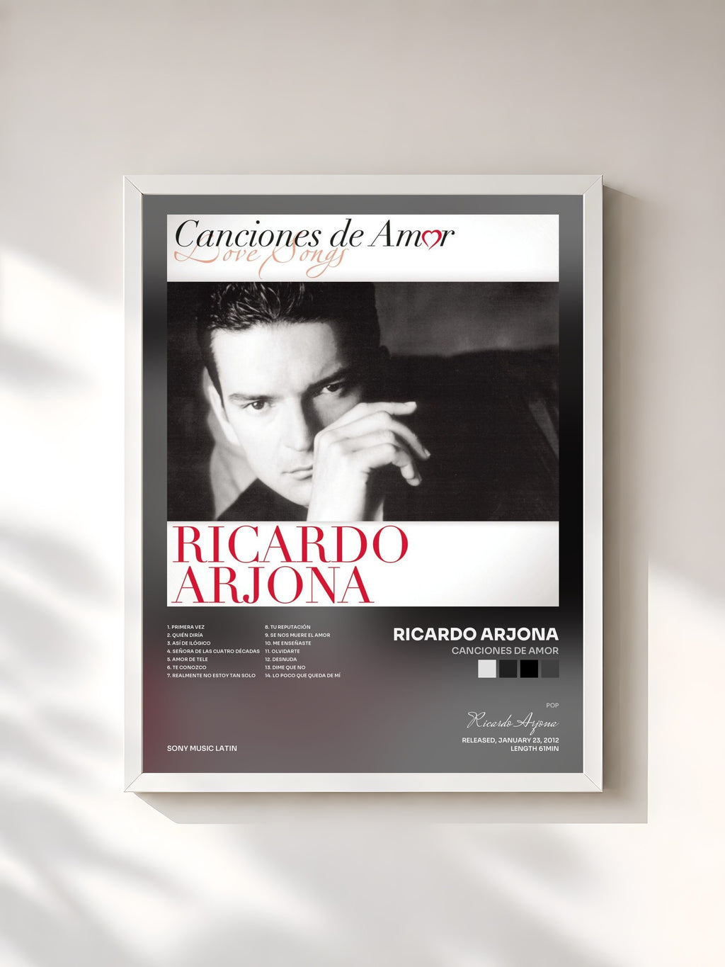 #blanc Tableau de l'album Canciones De Amor de Ricardo Arjona, cadre blanc, imprimé et encadré en France