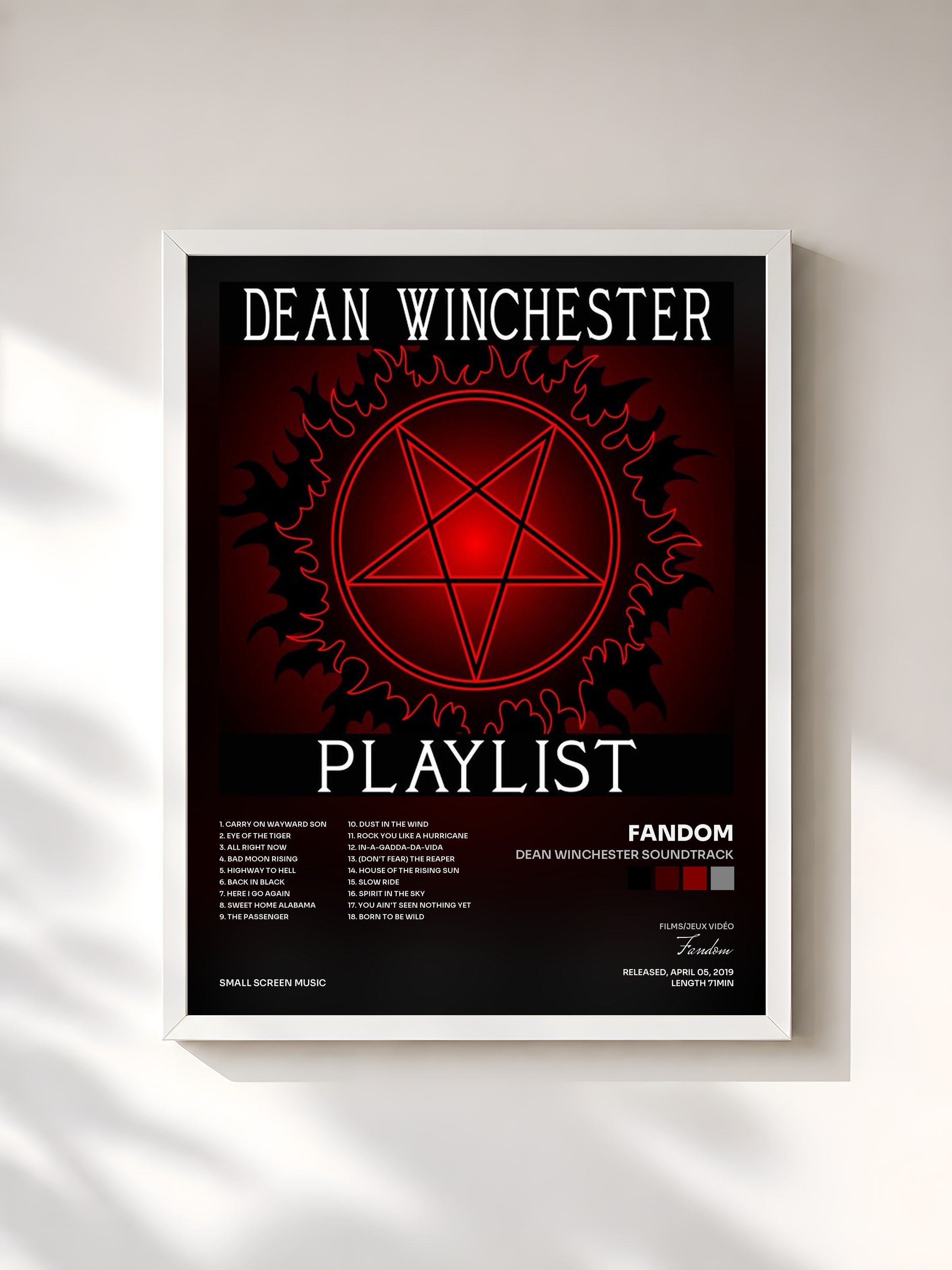 #blanc Tableau de l'album Dean Winchester Soundtrack de Fandom, cadre blanc, imprimé et encadré en France