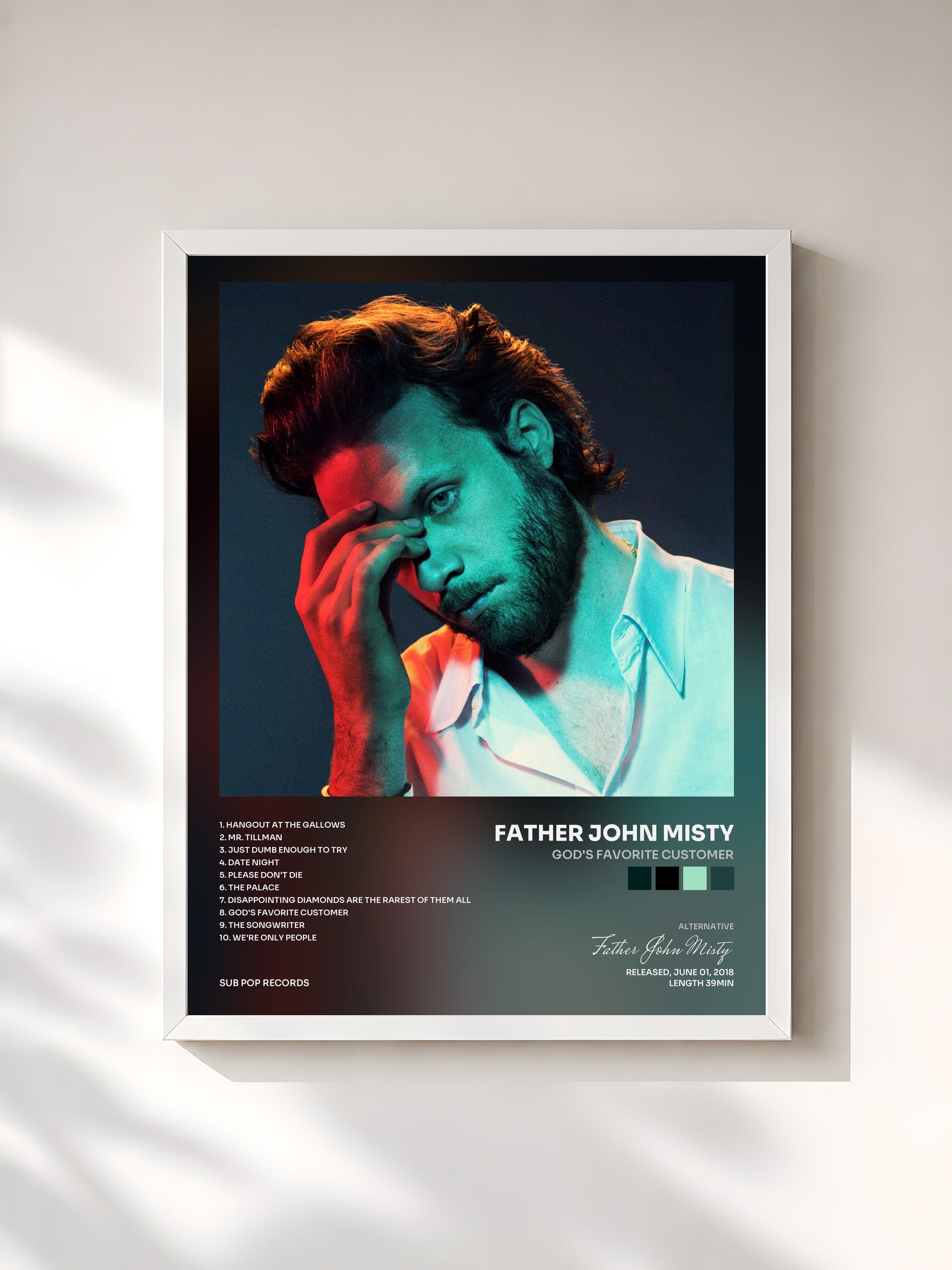 #blanc Tableau de l'album God's Favorite Customer de Father John Misty, cadre blanc, imprimé et encadré en France