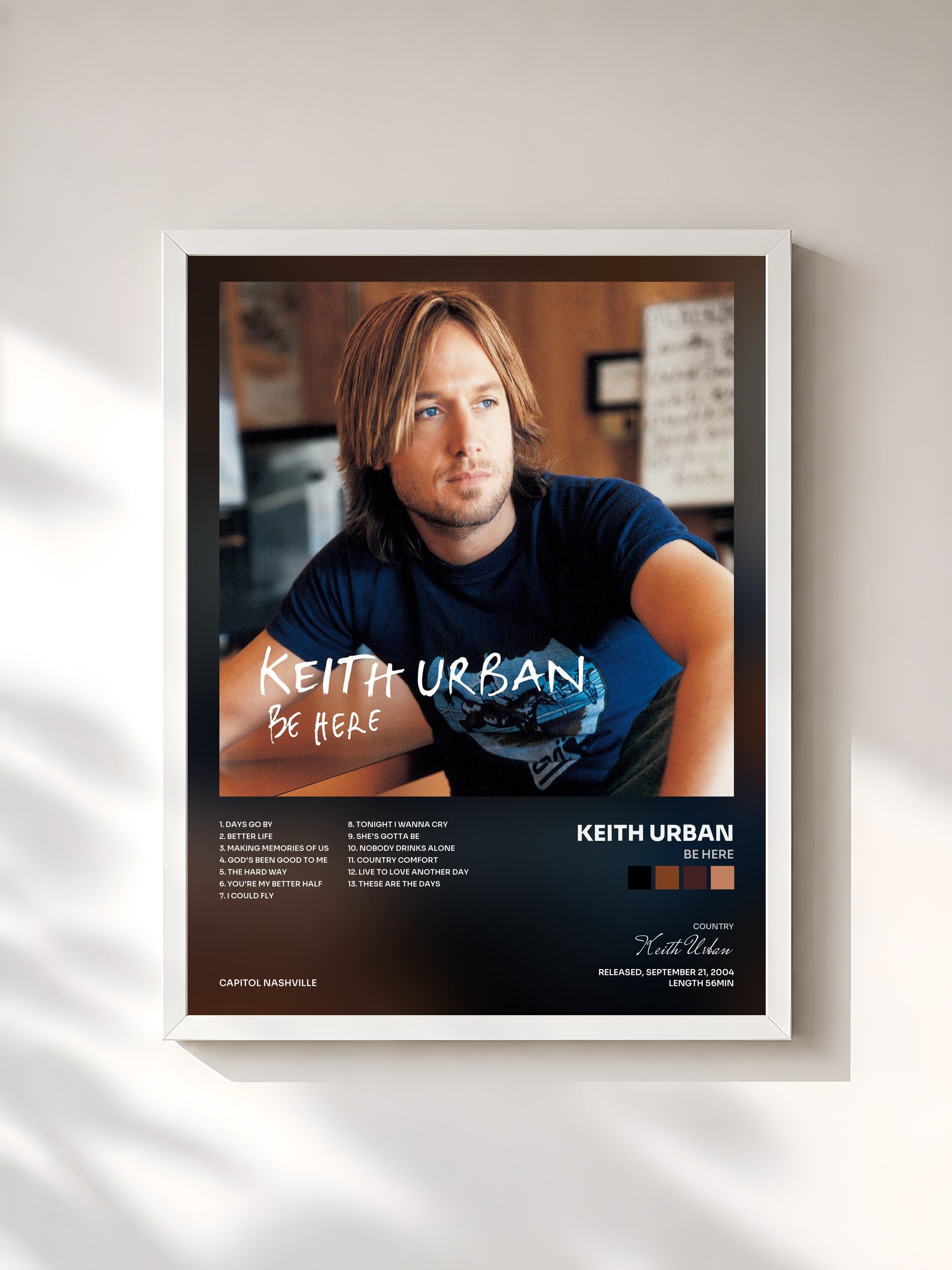 #blanc Tableau de l'album Be Here de Keith Urban, cadre blanc, imprimé et encadré en France