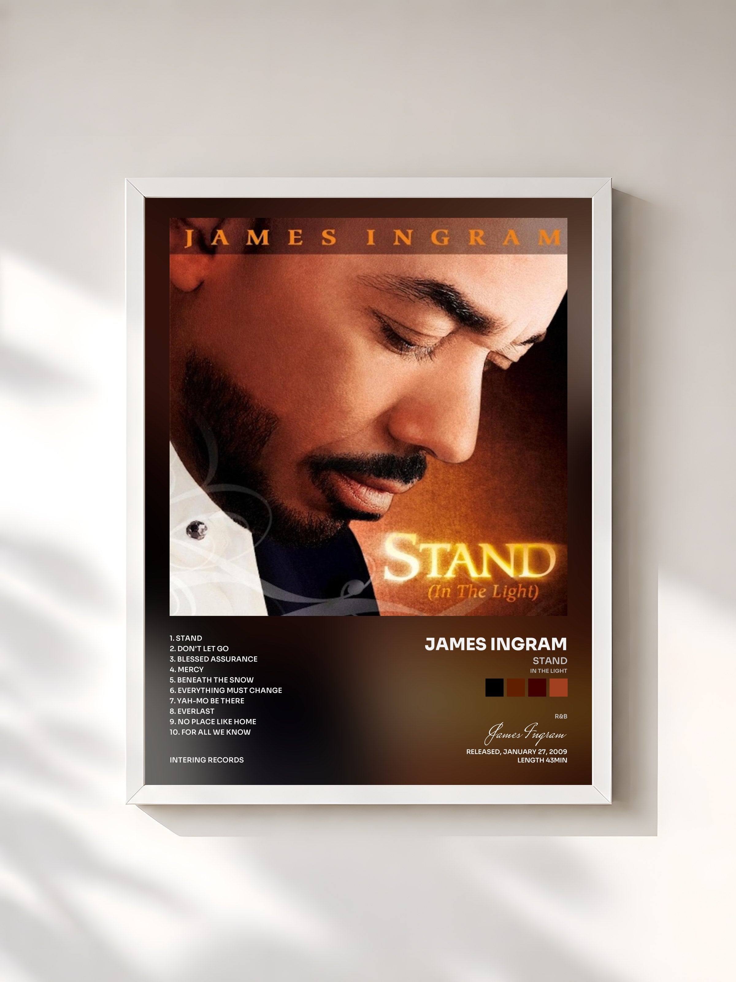 #blanc Tableau de l'album Stand (in the Light) de James Ingram, cadre blanc, imprimé et encadré en France