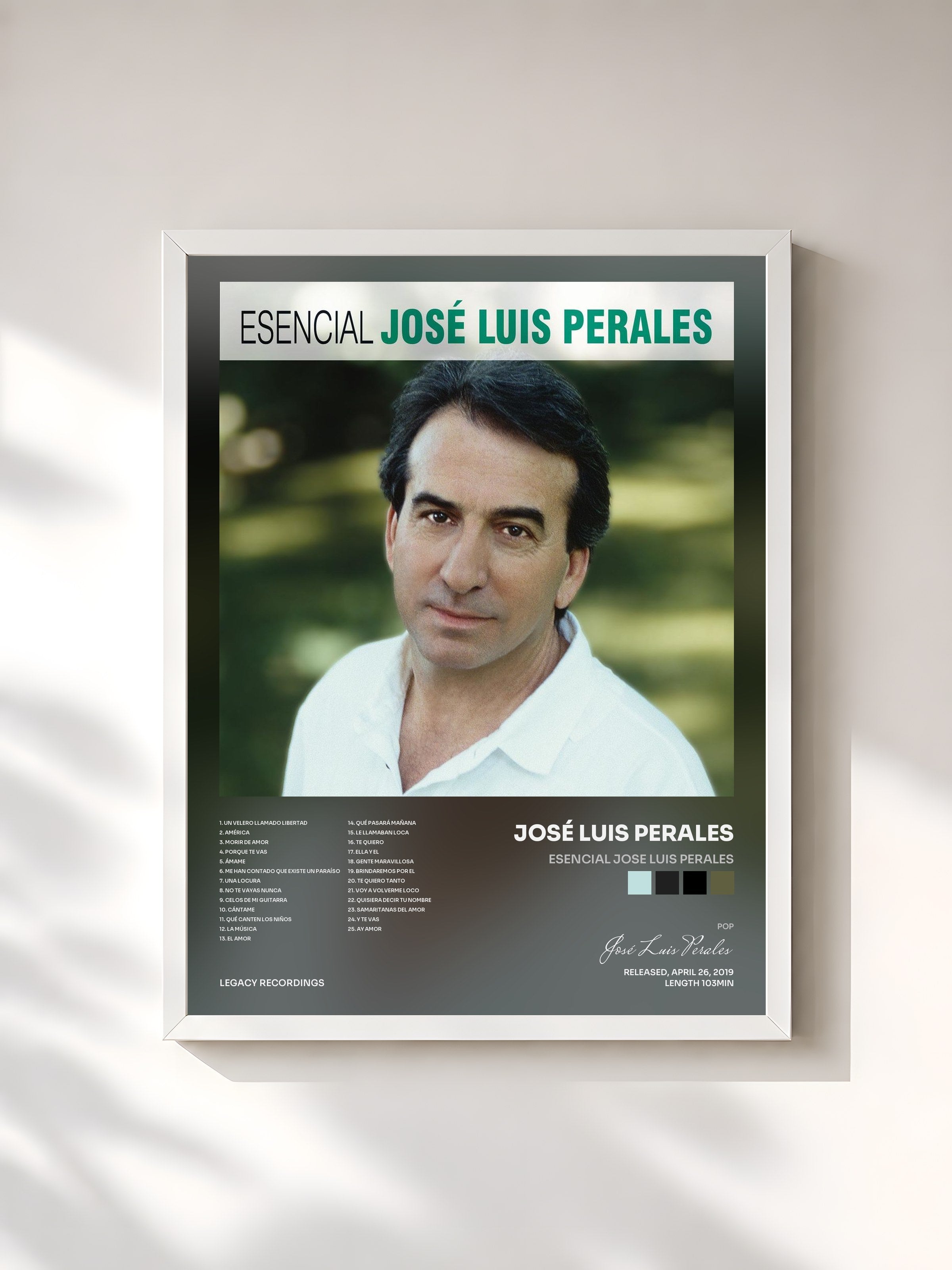 #blanc Tableau de l'album Esencial Jose Luis Perales de José Luis Perales, cadre blanc, imprimé et encadré en France