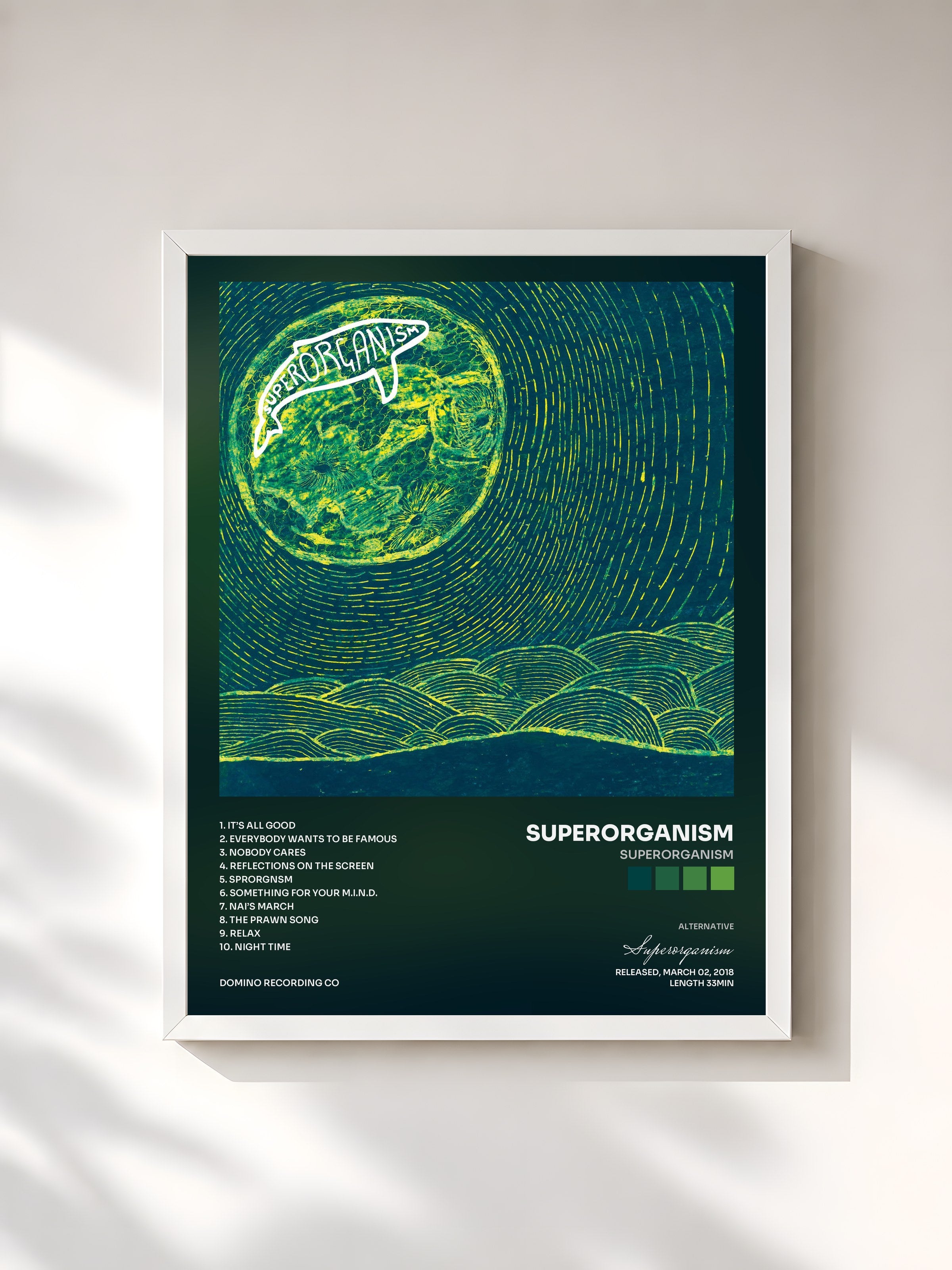 #blanc Tableau de l'album Superorganism de Superorganism, cadre blanc, imprimé et encadré en France