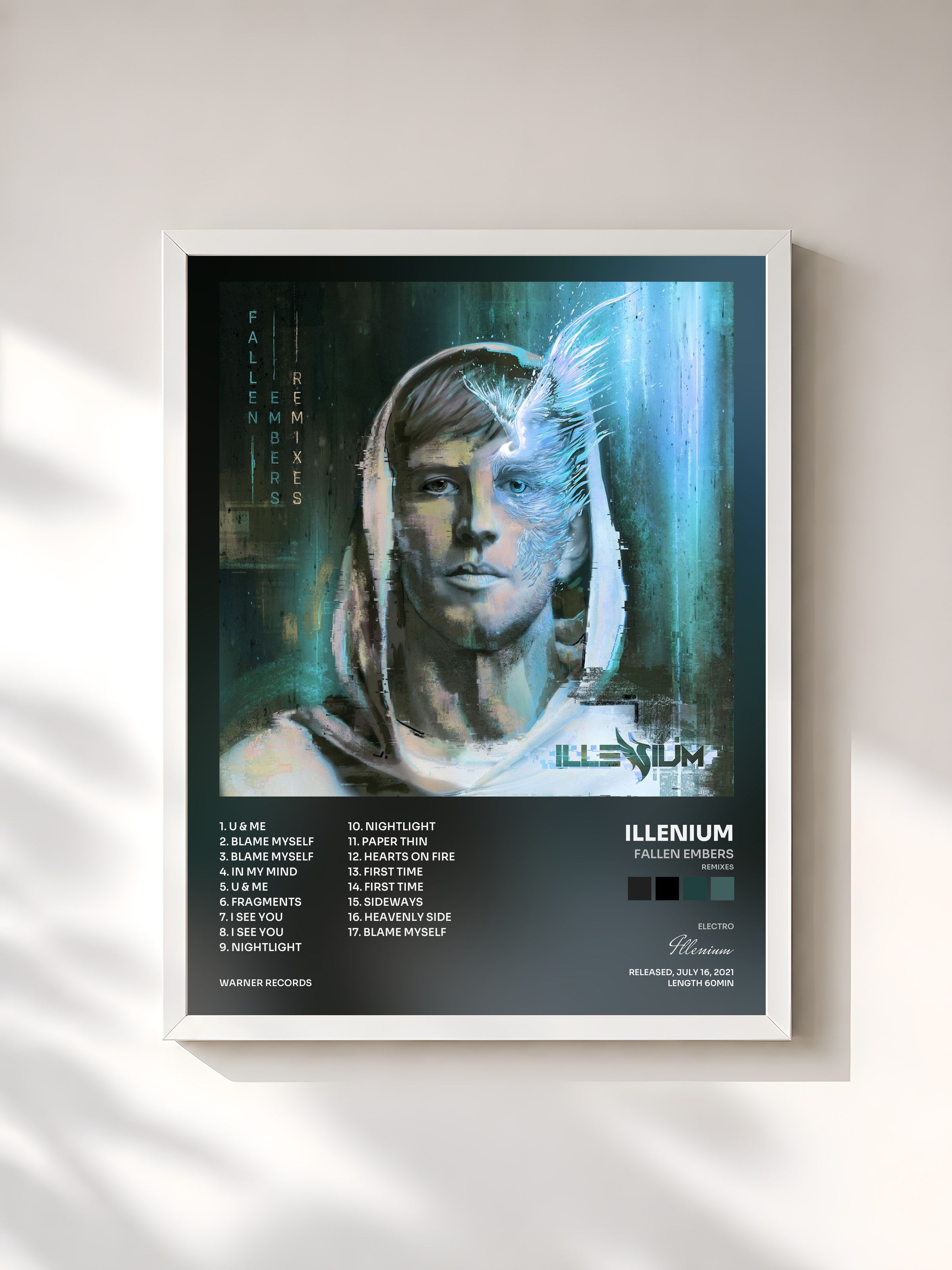 #blanc Tableau de l'album Fallen Embers (Remixes) de Illenium, cadre blanc, imprimé et encadré en France