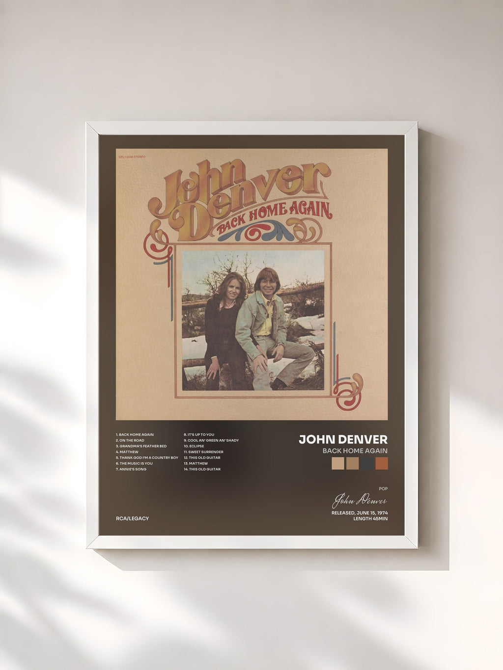 #blanc Tableau de l'album Back Home Again de John Denver, cadre blanc, imprimé et encadré en France
