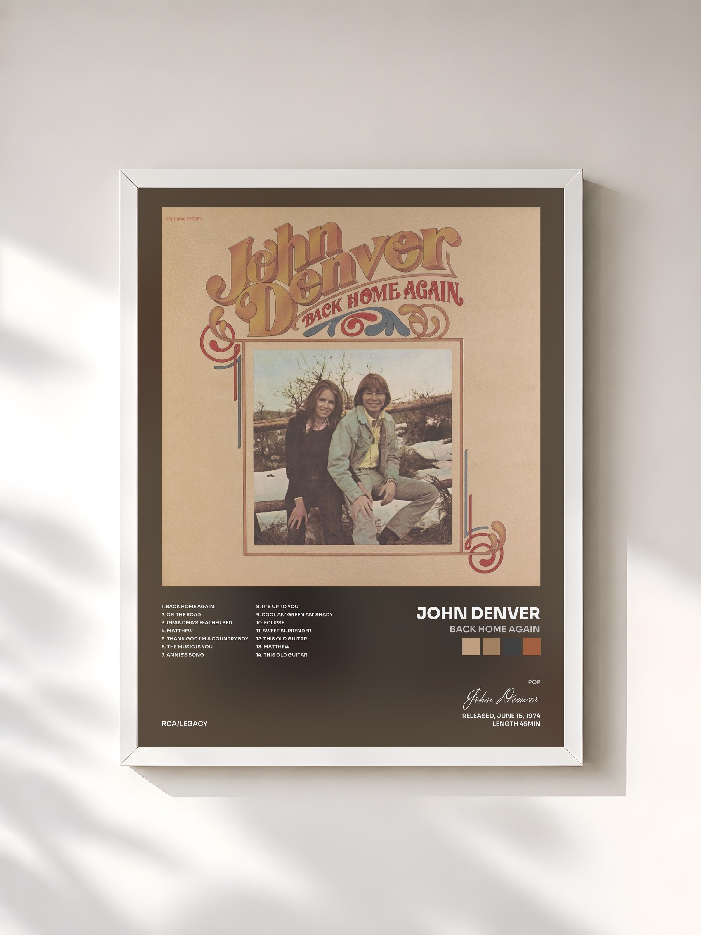 #blanc Tableau de l'album Back Home Again de John Denver, cadre blanc, imprimé et encadré en France