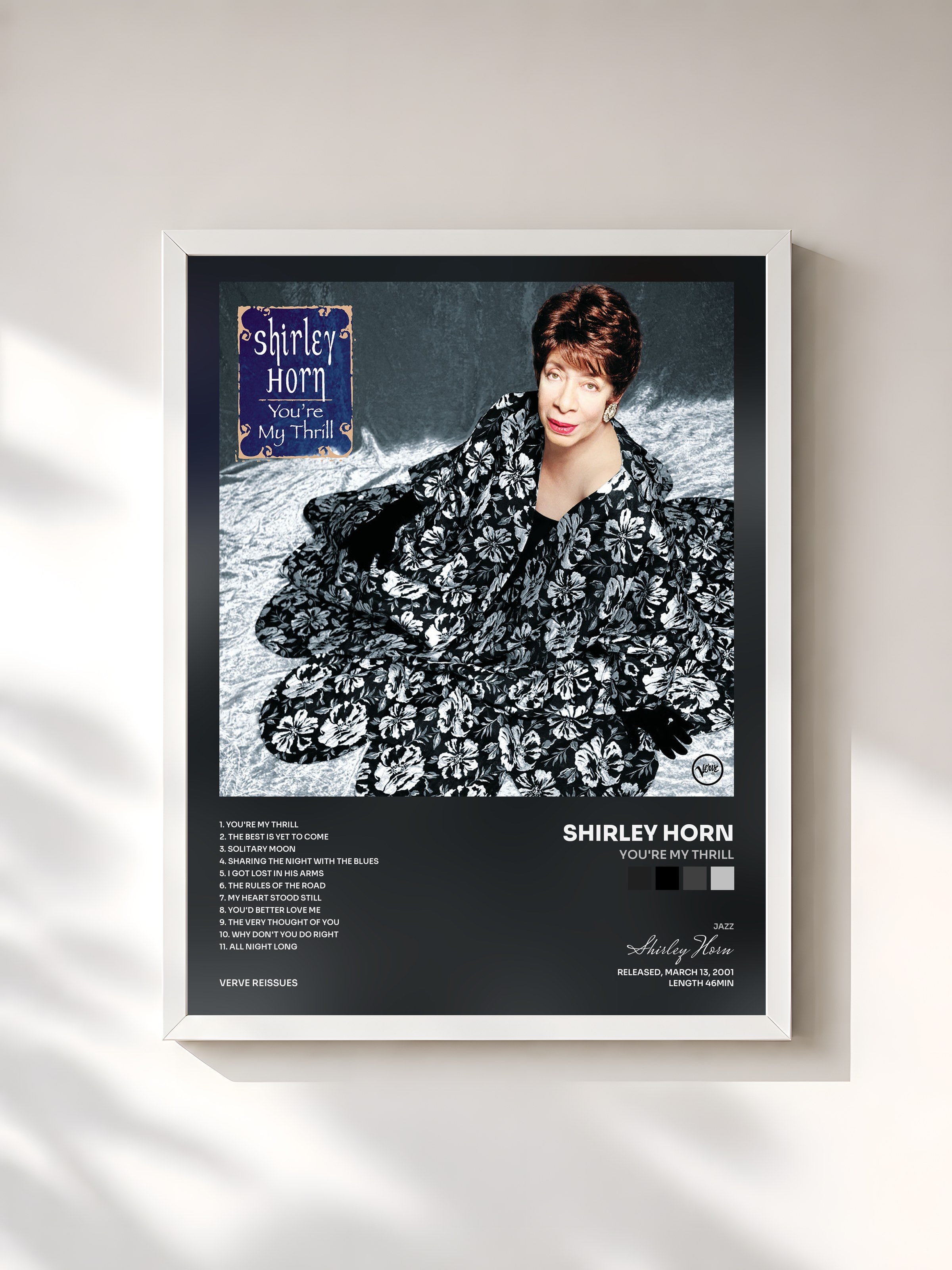 #blanc Tableau de l'album You're My Thrill de Shirley Horn, cadre blanc, imprimé et encadré en France