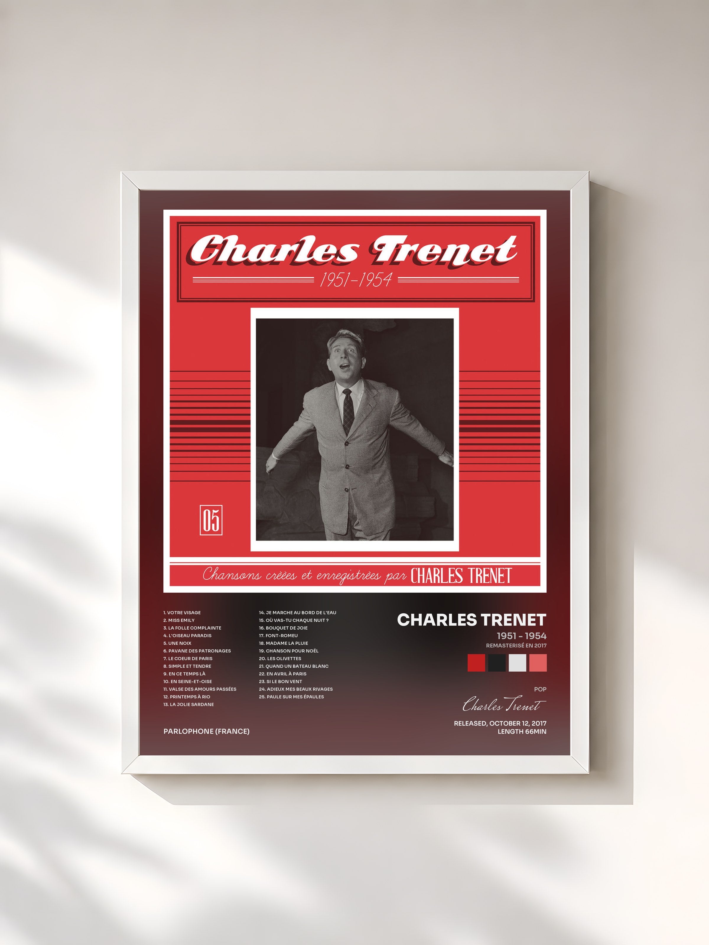 #blanc Tableau de l'album 1951 - 1954 (Remasterisé en 2017) de Charles Trenet, cadre blanc, imprimé et encadré en France