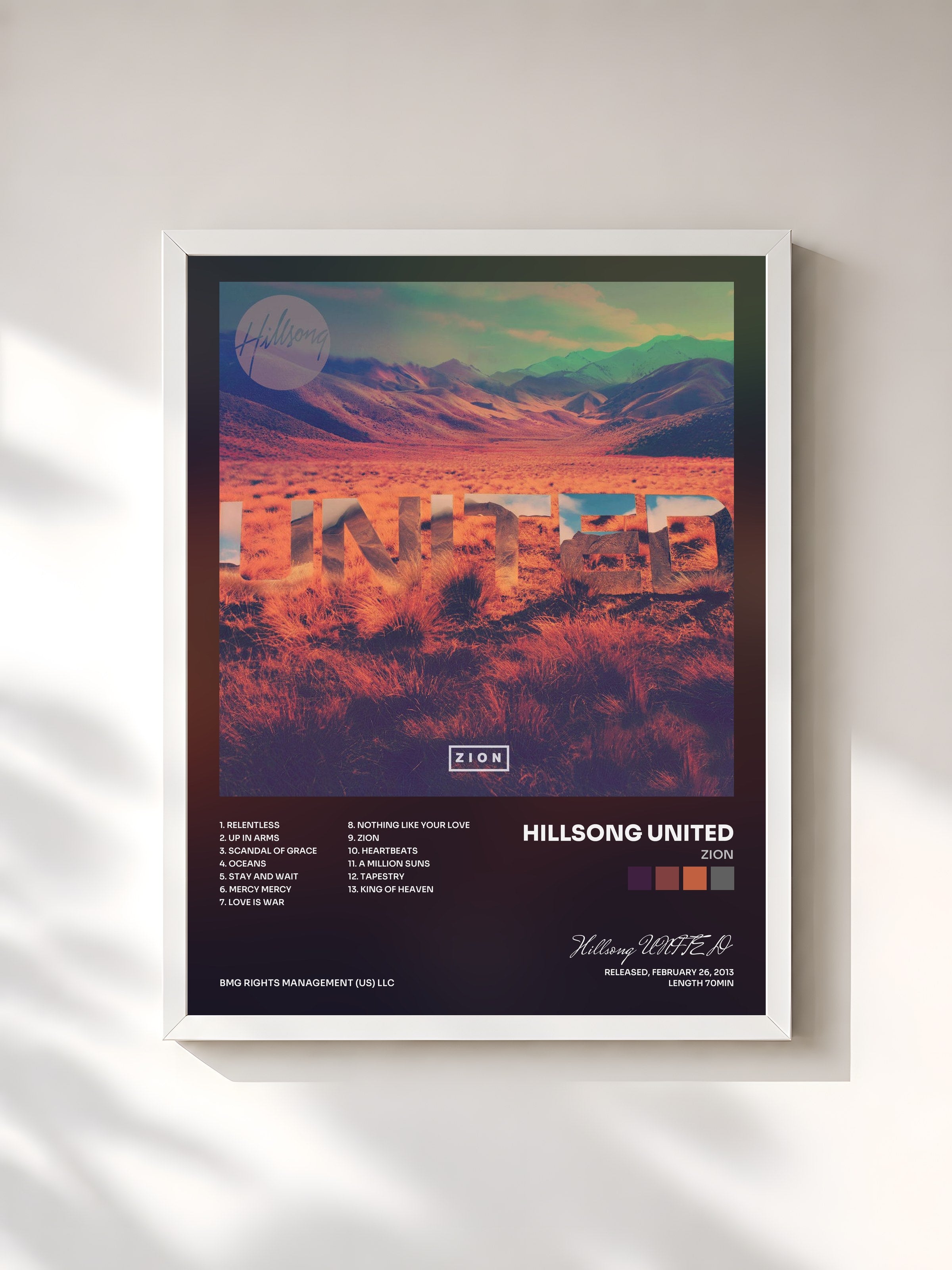 #blanc Tableau de l'album Zion de Hillsong UNITED, cadre blanc, imprimé et encadré en France