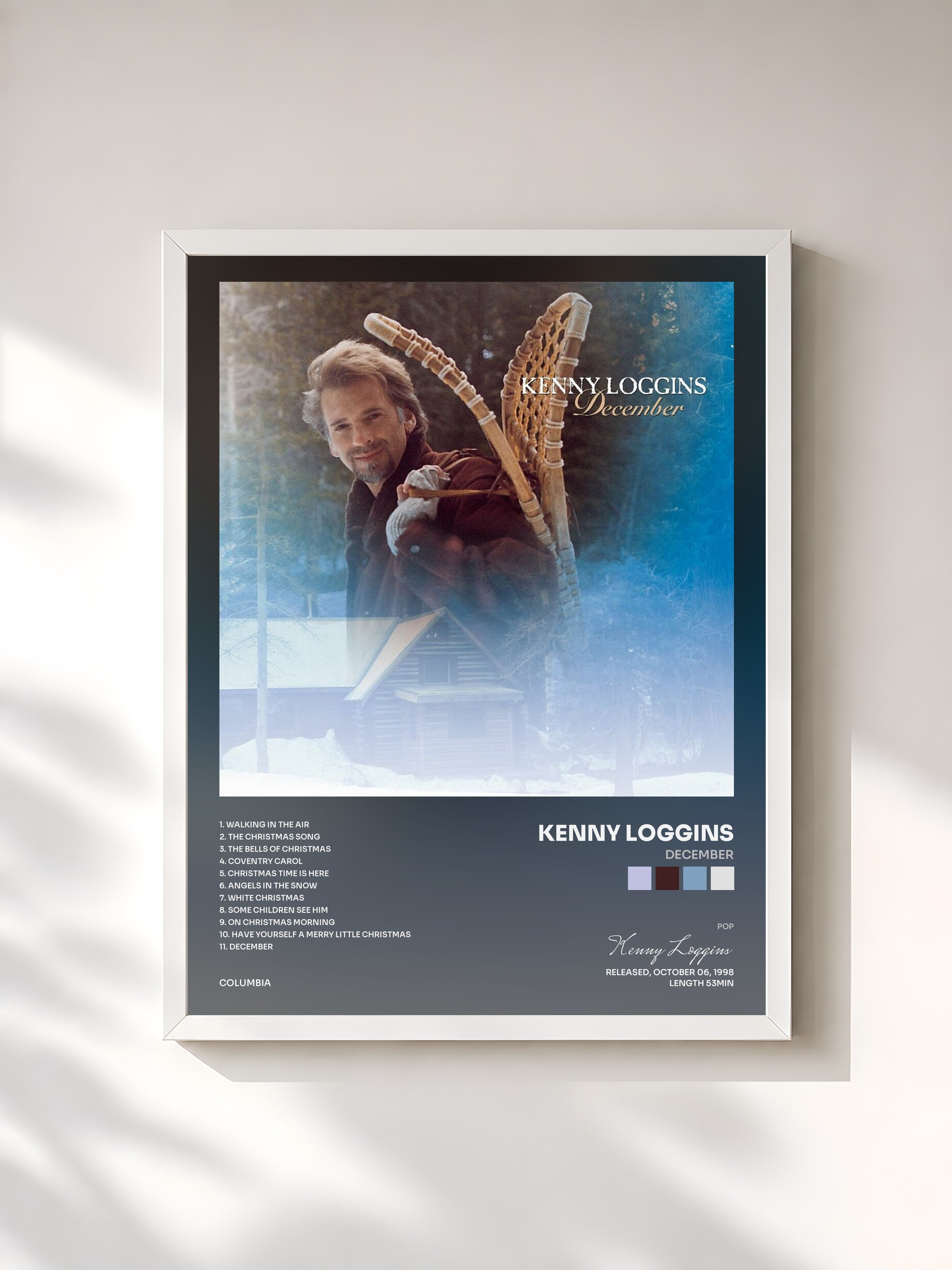 #blanc Tableau de l'album December de Kenny Loggins, cadre blanc, imprimé et encadré en France