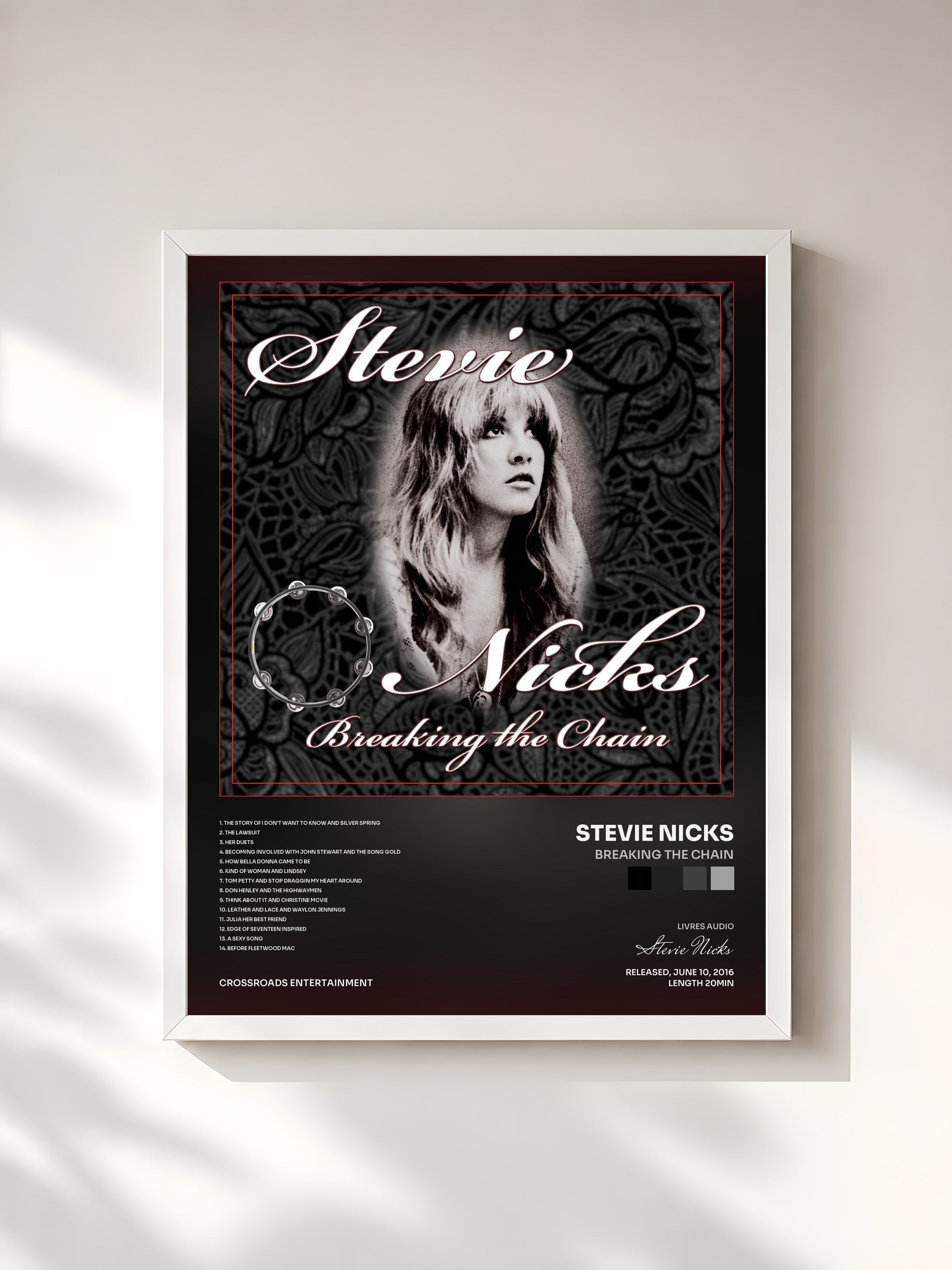 #blanc Tableau de l'album Breaking the Chain de Stevie Nicks, cadre blanc, imprimé et encadré en France