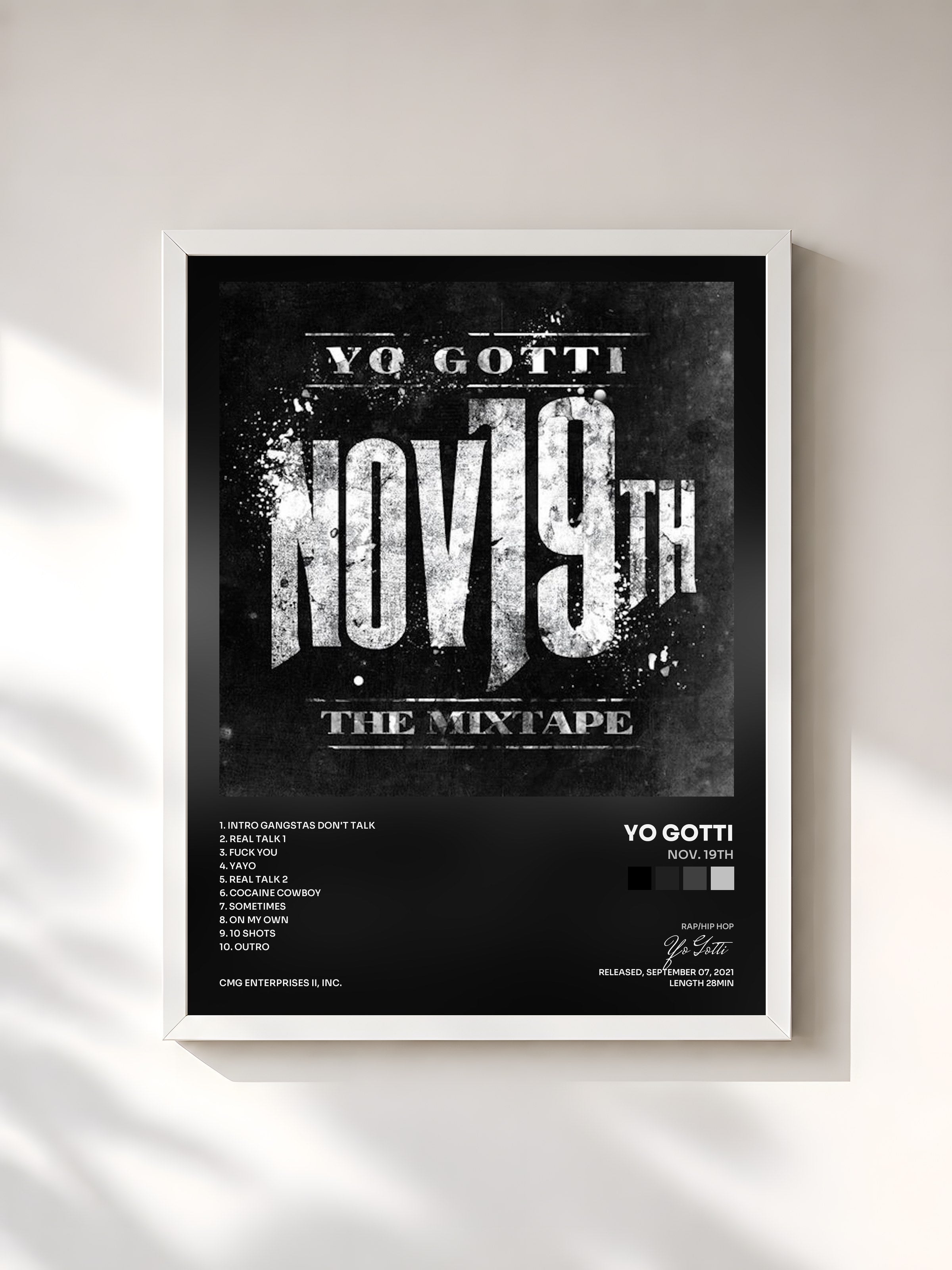 #blanc Tableau de l'album Nov. 19th de Yo Gotti, cadre blanc, imprimé et encadré en France
