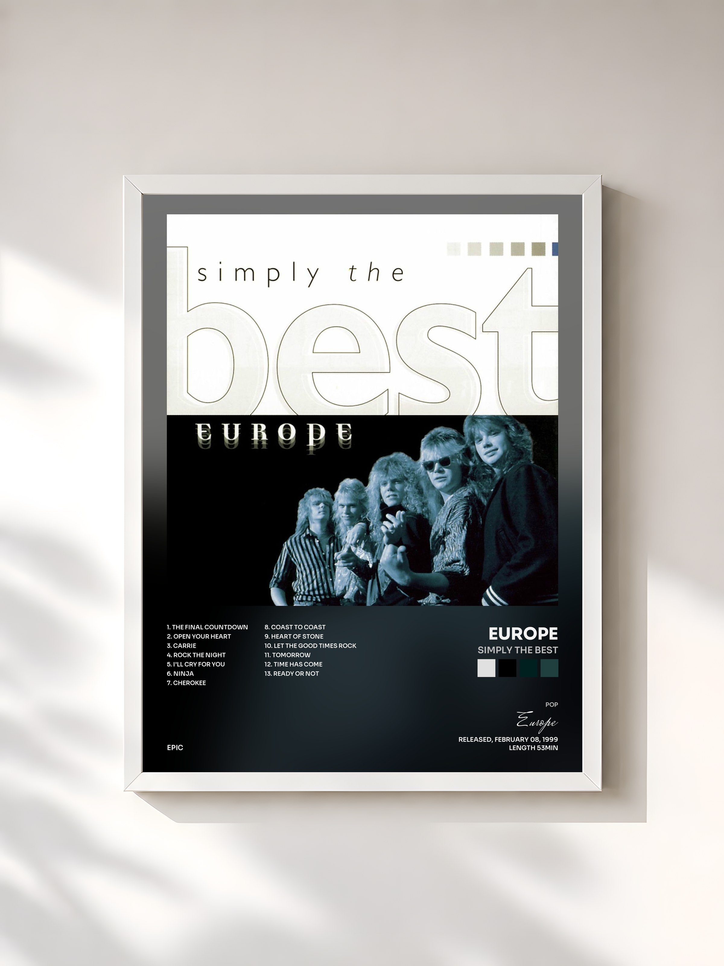 #blanc Tableau de l'album Simply The Best de Europe, cadre blanc, imprimé et encadré en France