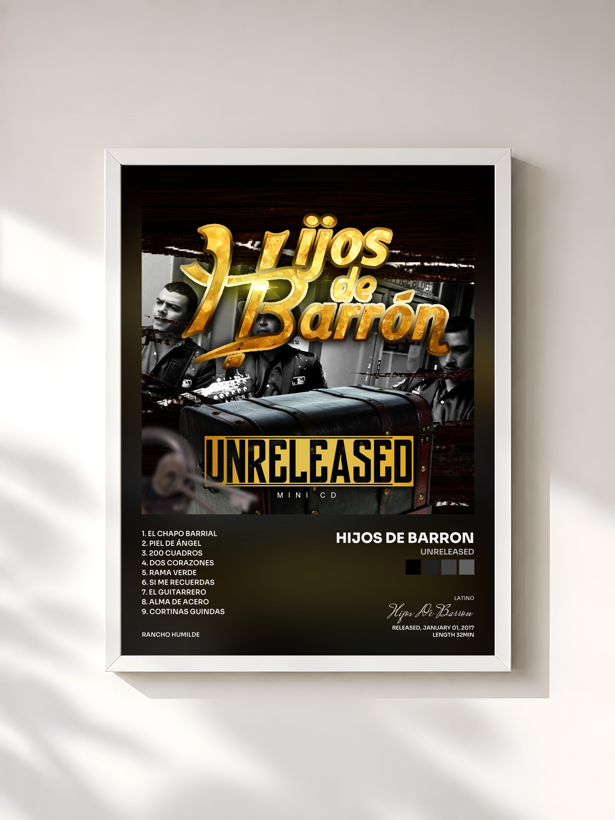 #blanc Tableau de l'album Unreleased de Hijos De Barron, cadre blanc, imprimé et encadré en France