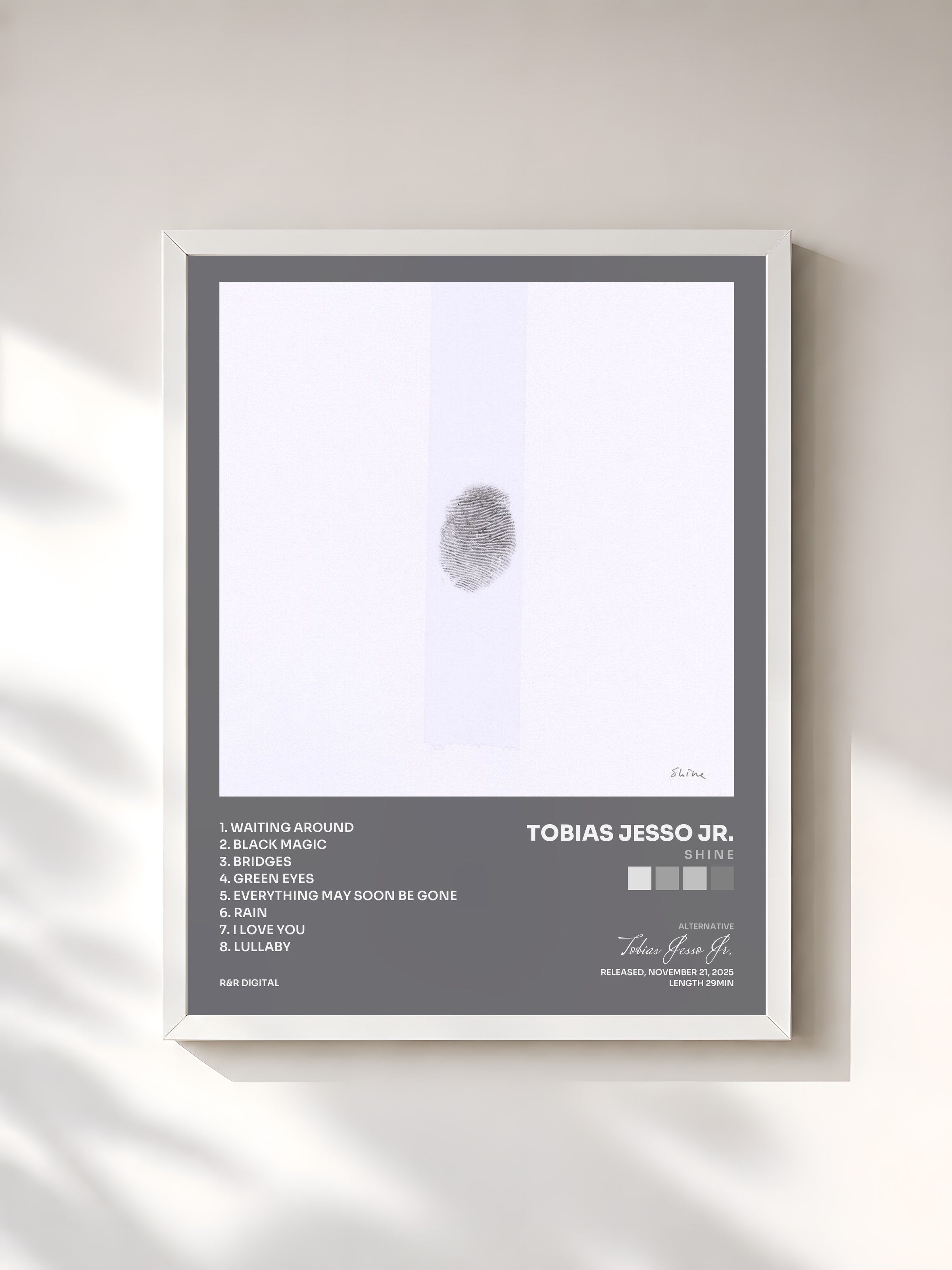 #blanc Tableau de l'album s h i n e de Tobias Jesso Jr., cadre blanc, imprimé et encadré en France