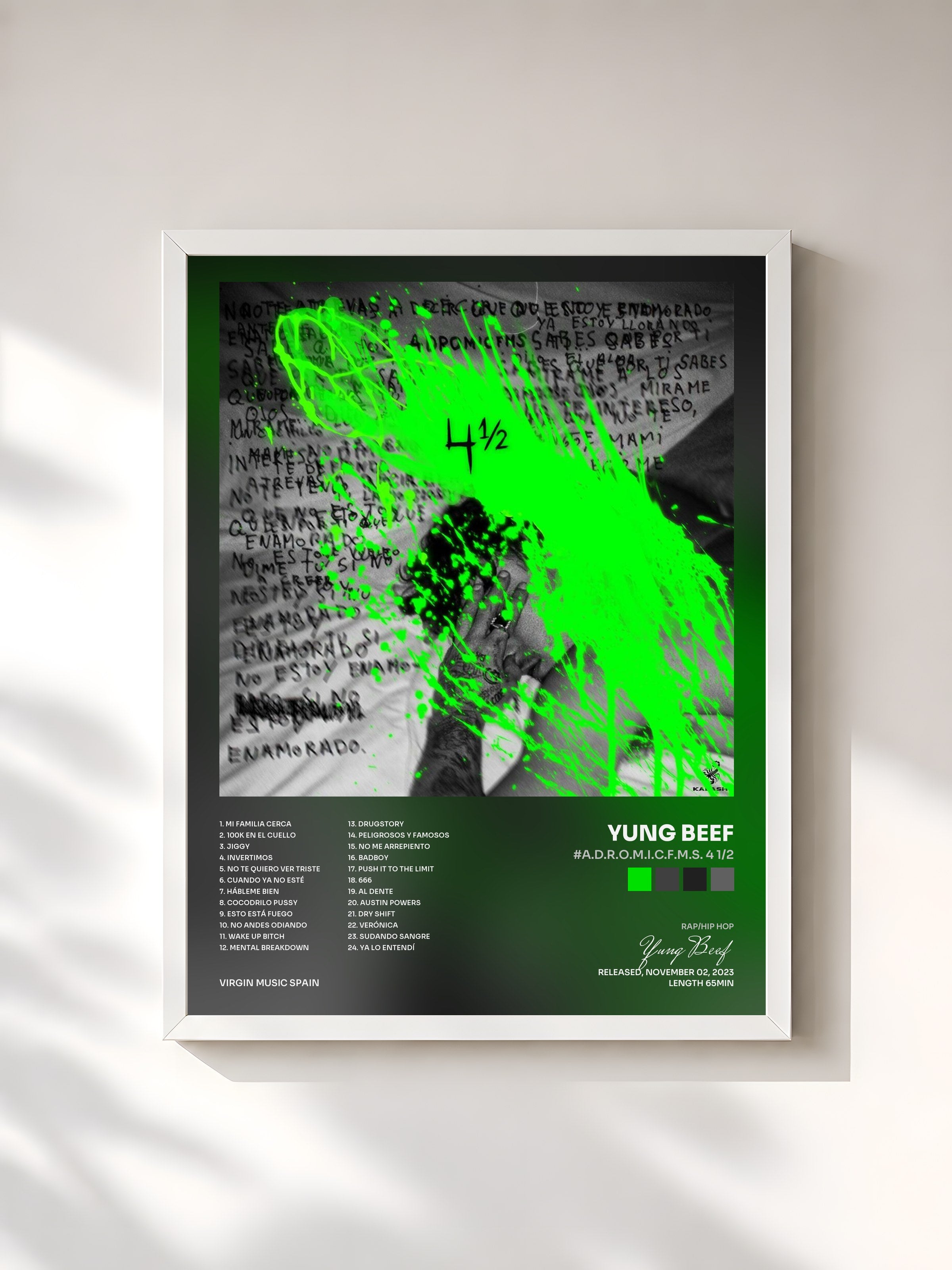 #blanc Tableau de l'album #A.D.R.O.M.I.C.F.M.S. 4 1/2 de Yung Beef, cadre blanc, imprimé et encadré en France