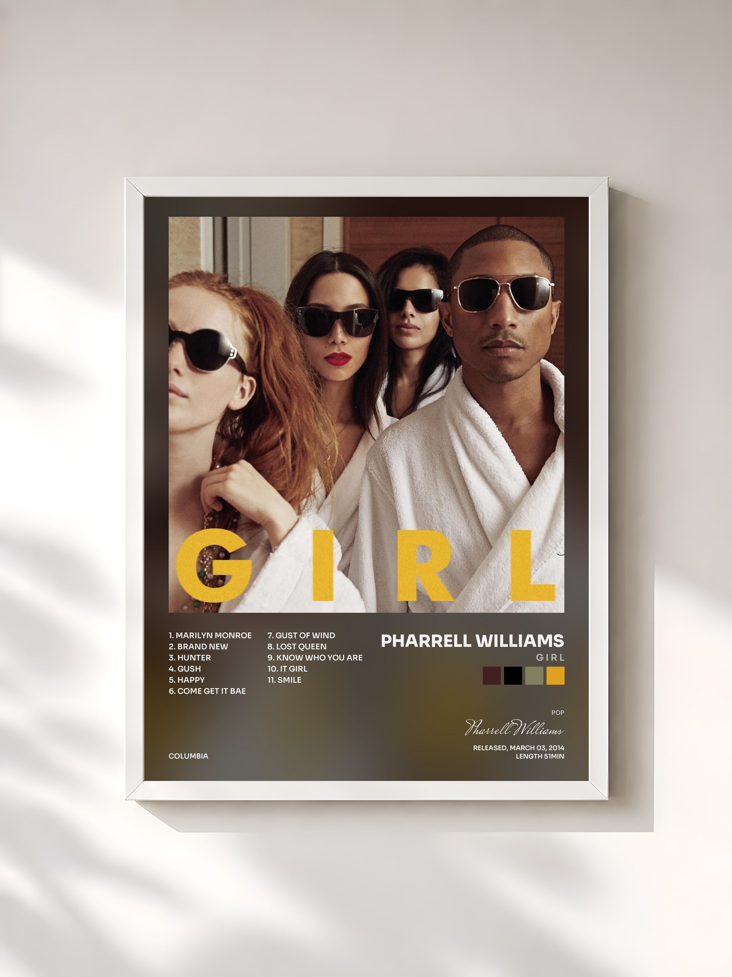 #blanc Tableau de l'album G I R L de Pharrell Williams, cadre blanc, imprimé et encadré en France