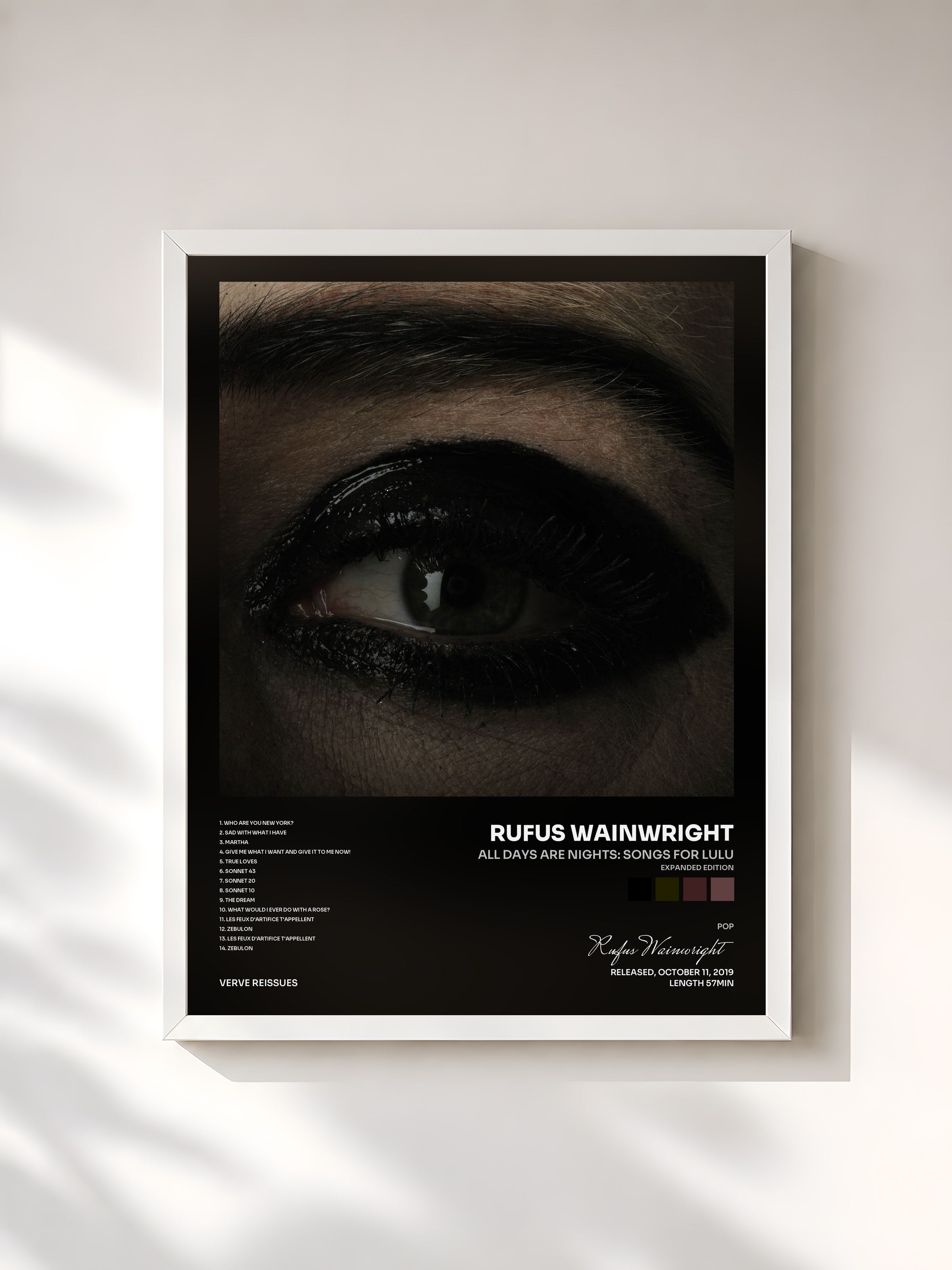 #blanc Tableau de l'album All Days Are Nights: Songs For Lulu (Expanded Edition) de Rufus Wainwright, cadre blanc, imprimé et encadré en France