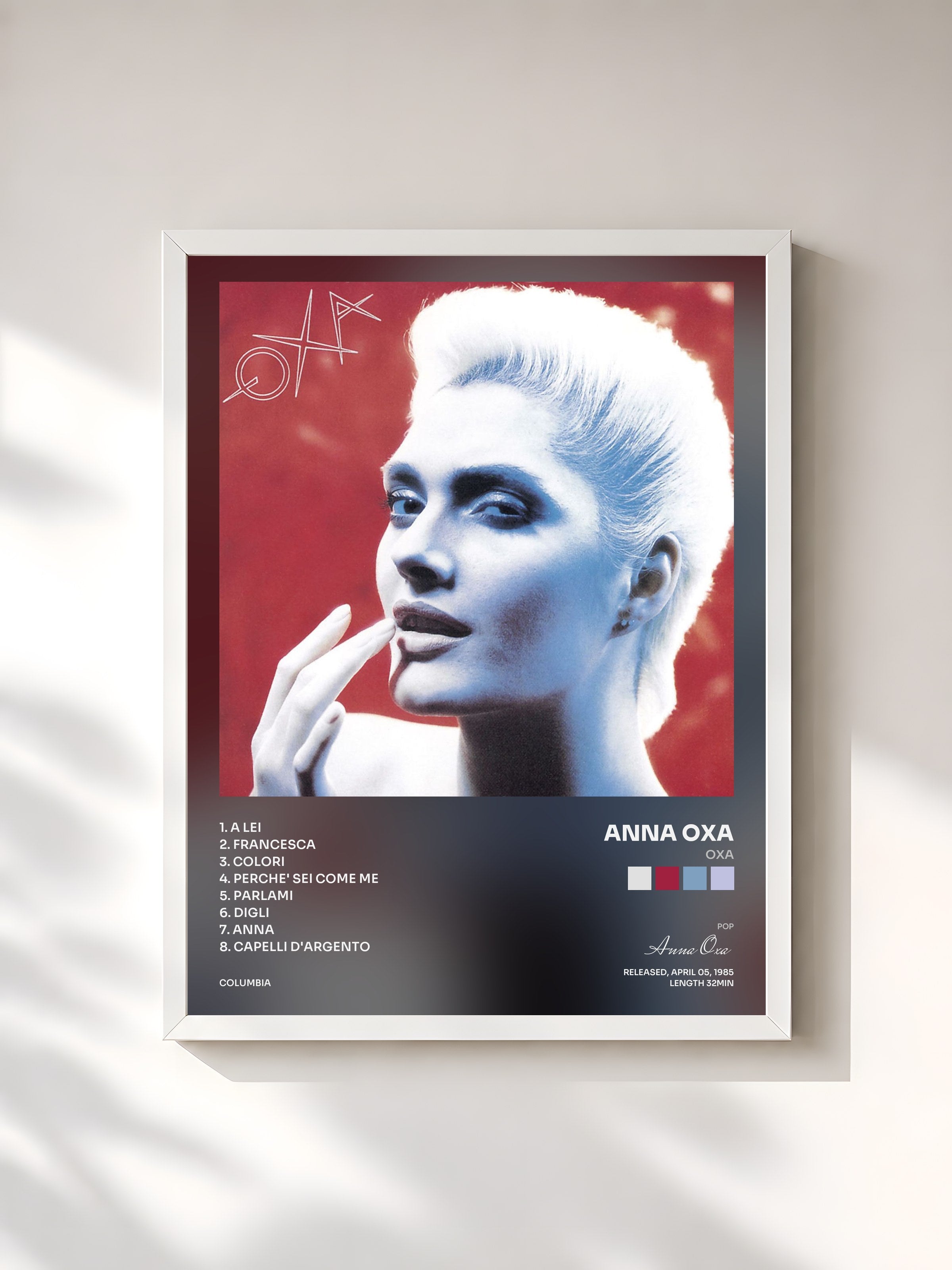 #blanc Tableau de l'album Oxa de Anna Oxa, cadre blanc, imprimé et encadré en France