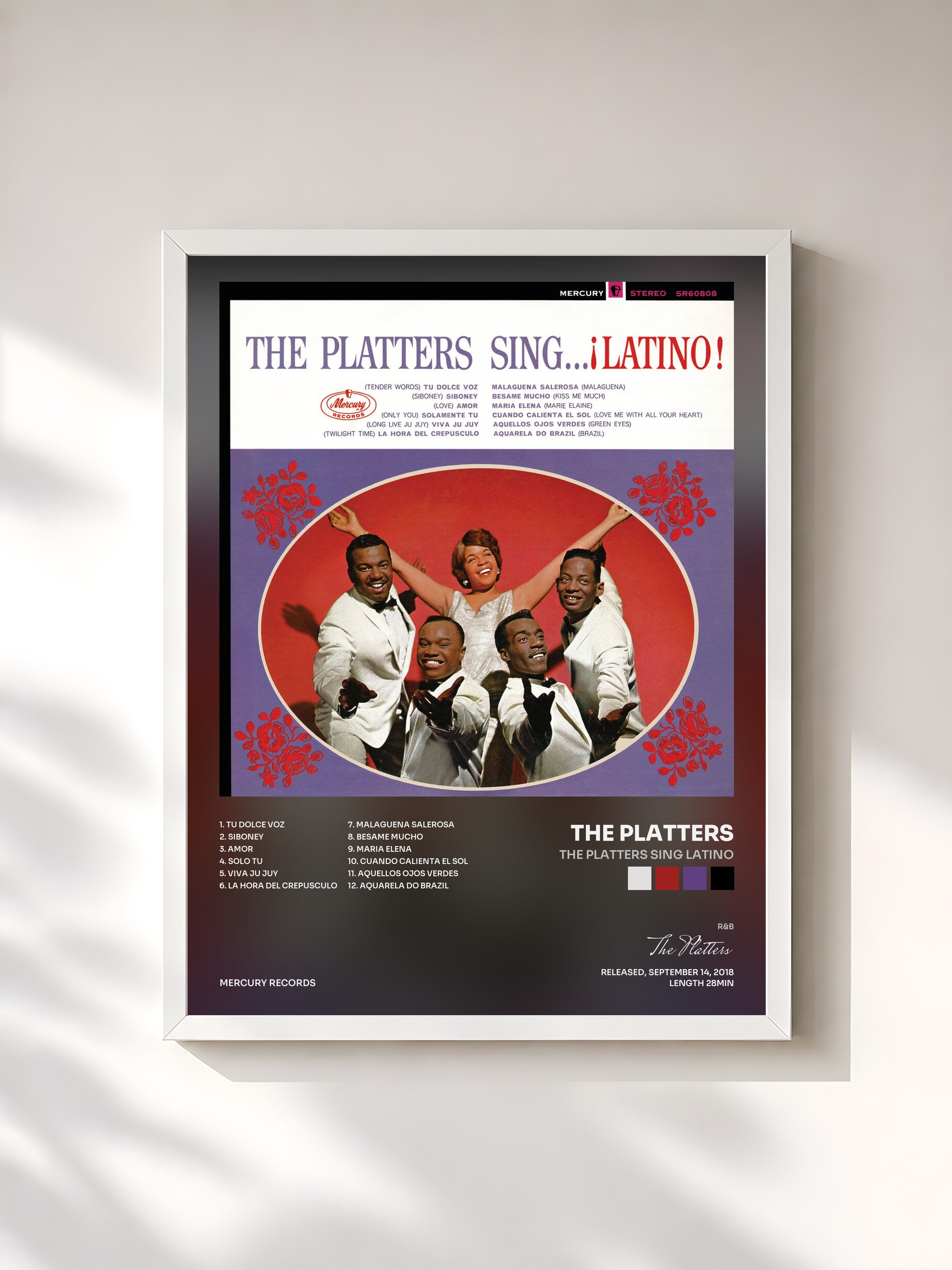 #blanc Tableau de l'album The Platters Sing Latino de The Platters, cadre blanc, imprimé et encadré en France
