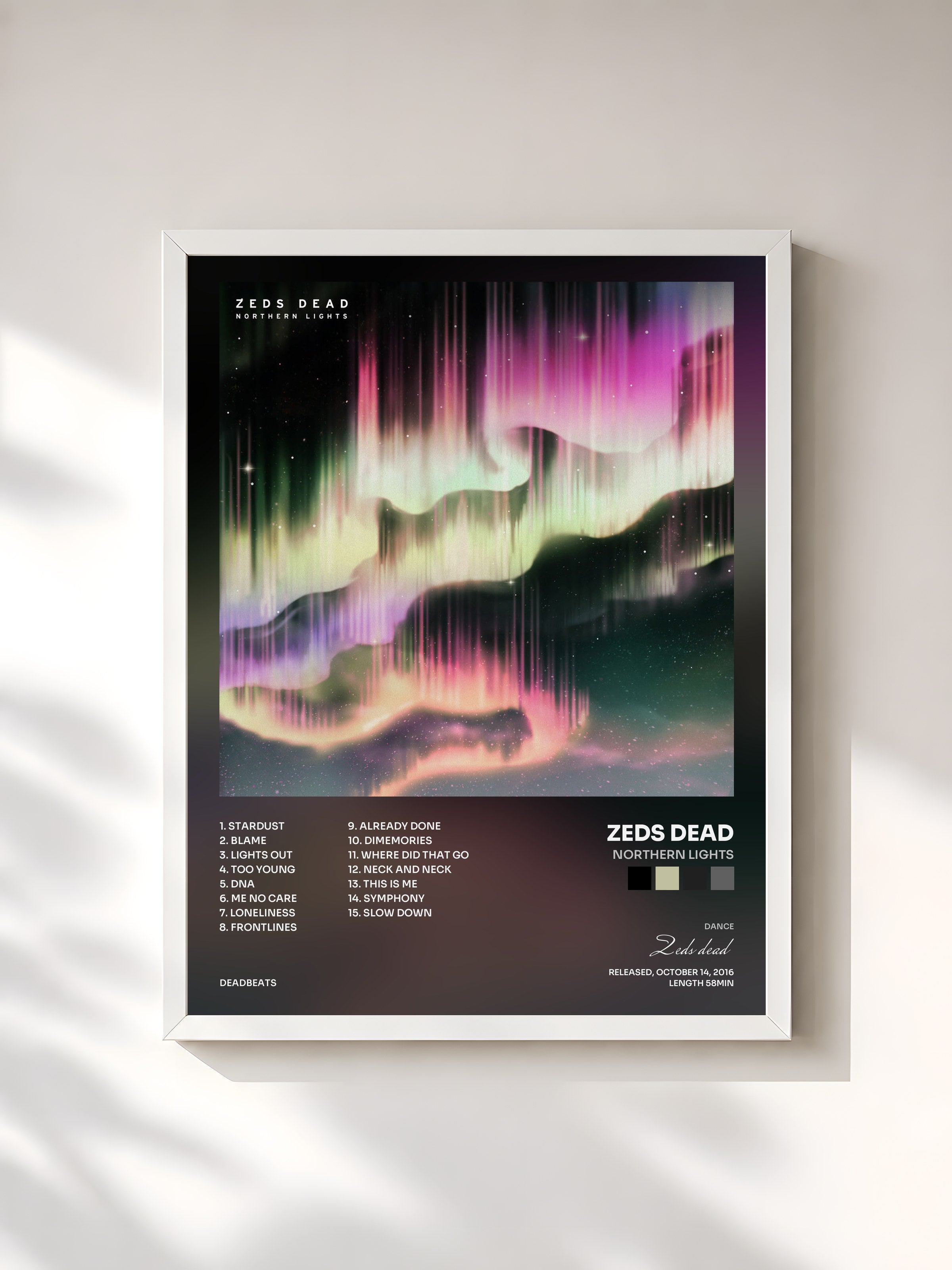 #blanc Tableau de l'album Northern Lights de Zeds dead, cadre blanc, imprimé et encadré en France