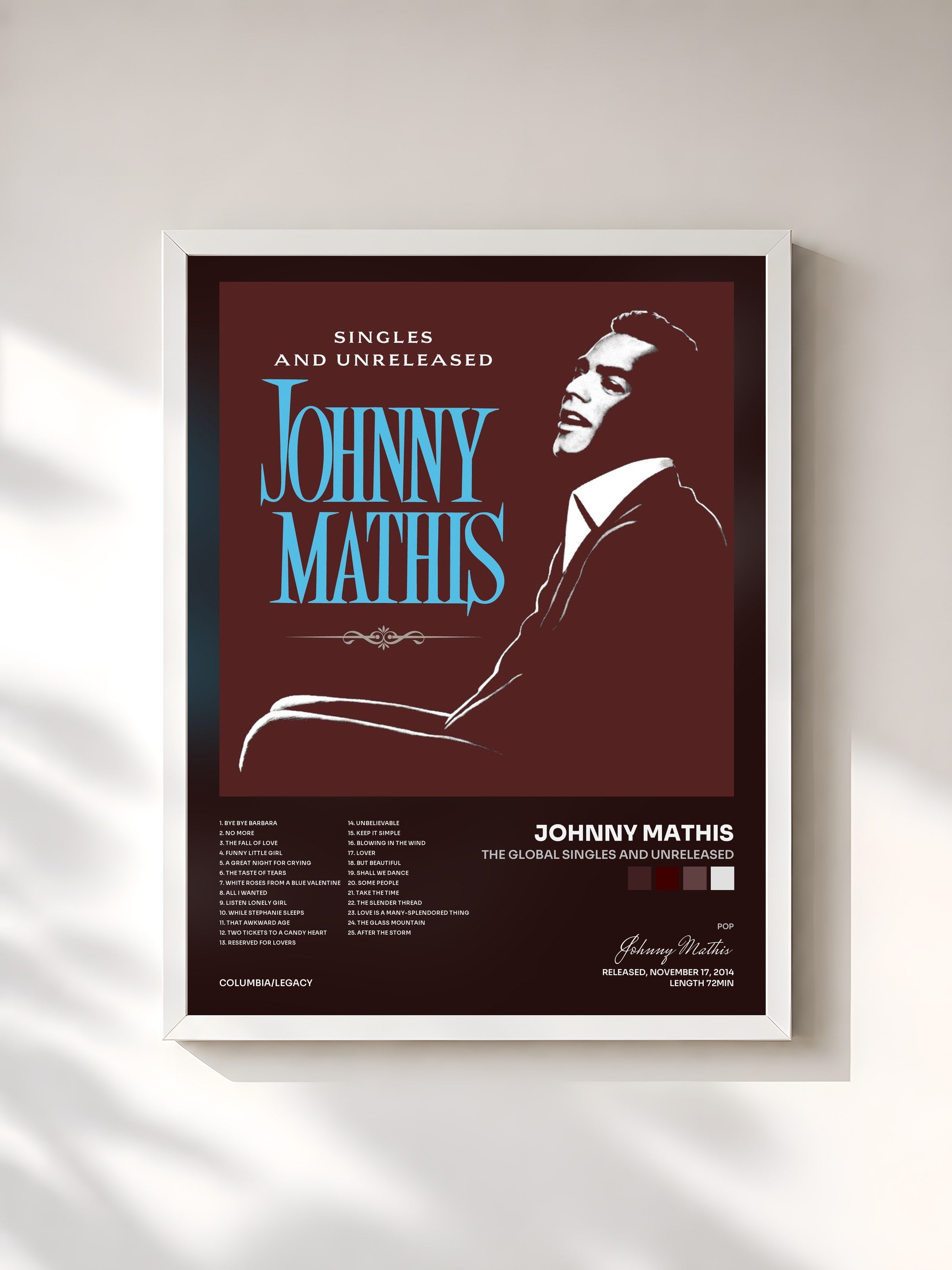 #blanc Tableau de l'album The Global Singles and Unreleased de Johnny Mathis, cadre blanc, imprimé et encadré en France