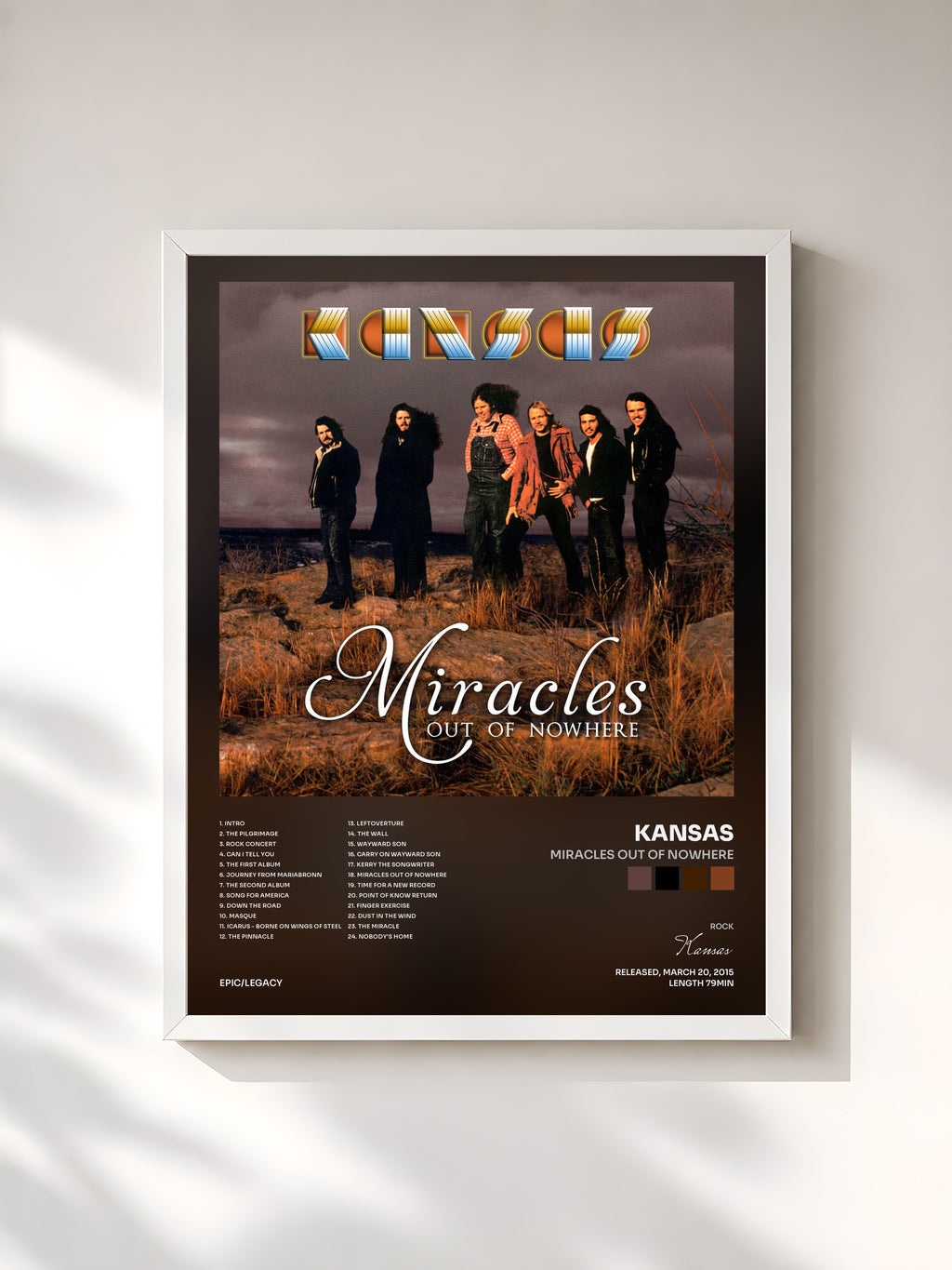 #blanc Tableau de l'album Miracles Out of Nowhere de Kansas, cadre blanc, imprimé et encadré en France