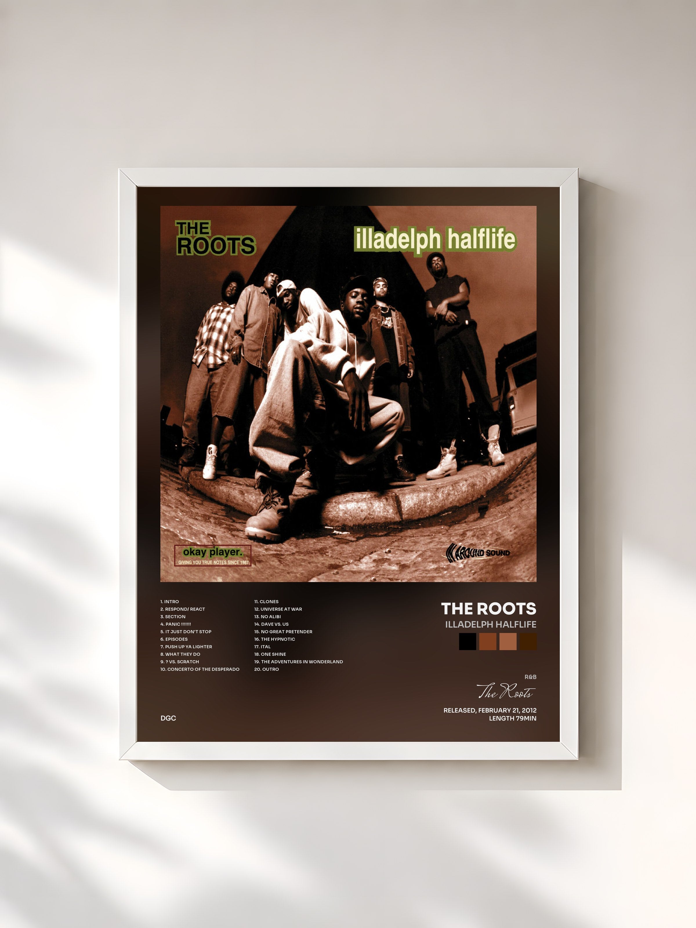 #blanc Tableau de l'album Illadelph Halflife de The Roots, cadre blanc, imprimé et encadré en France