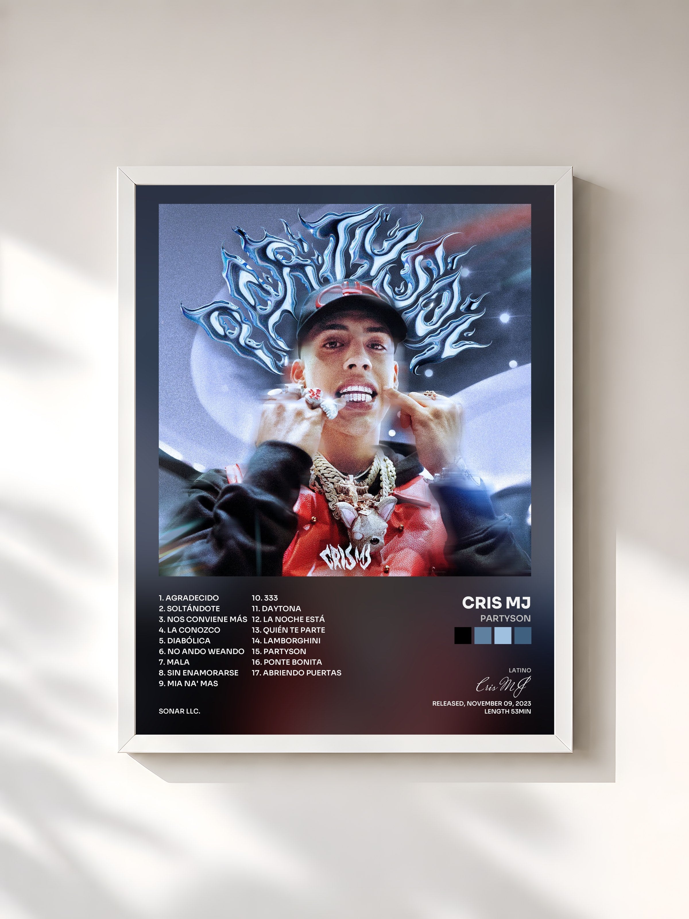 #blanc Tableau de l'album Partyson de Cris MJ, cadre blanc, imprimé et encadré en France