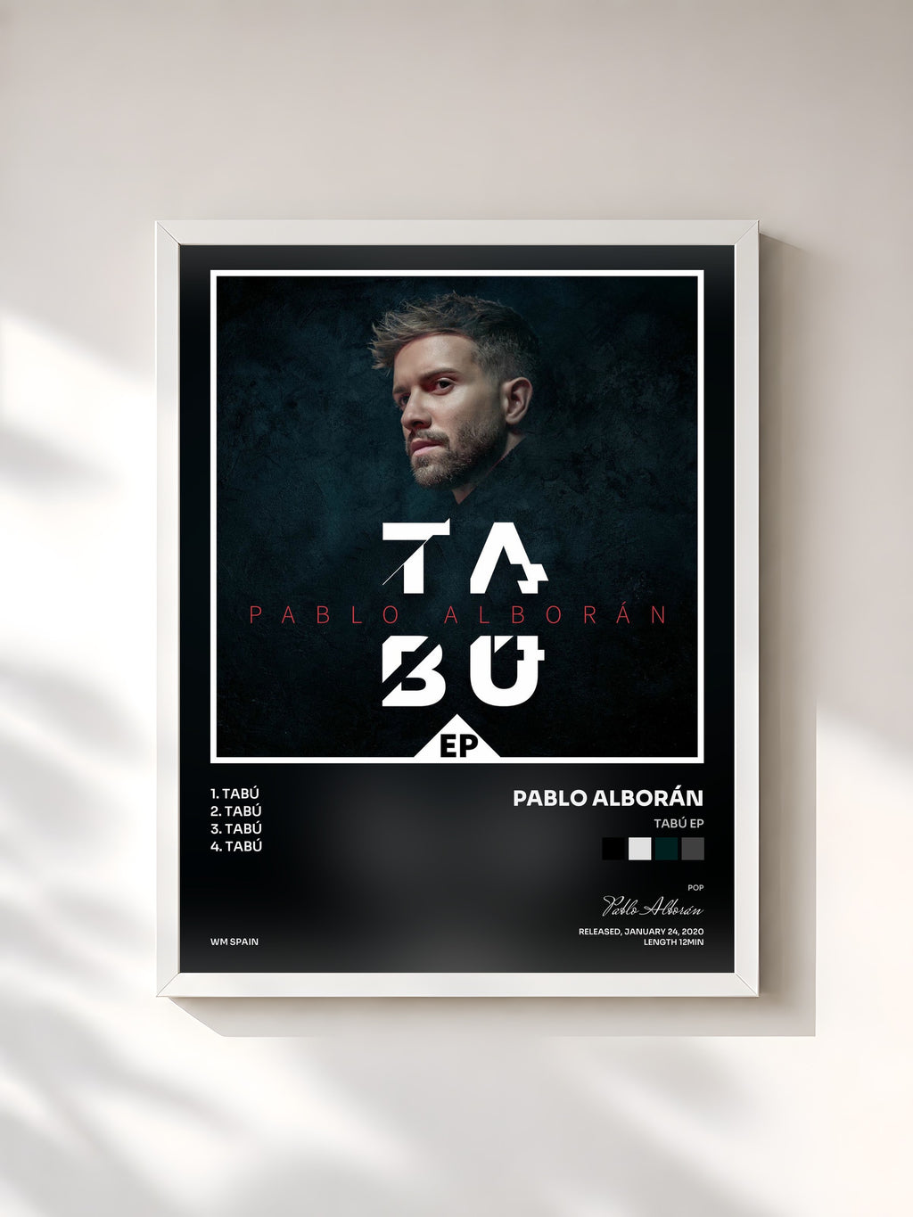 #blanc Tableau de l'album Tabú EP de Pablo Alborán, cadre blanc, imprimé et encadré en France