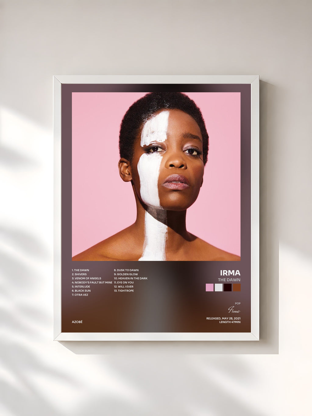 #blanc Tableau de l'album The Dawn de Irma, cadre blanc, imprimé et encadré en France